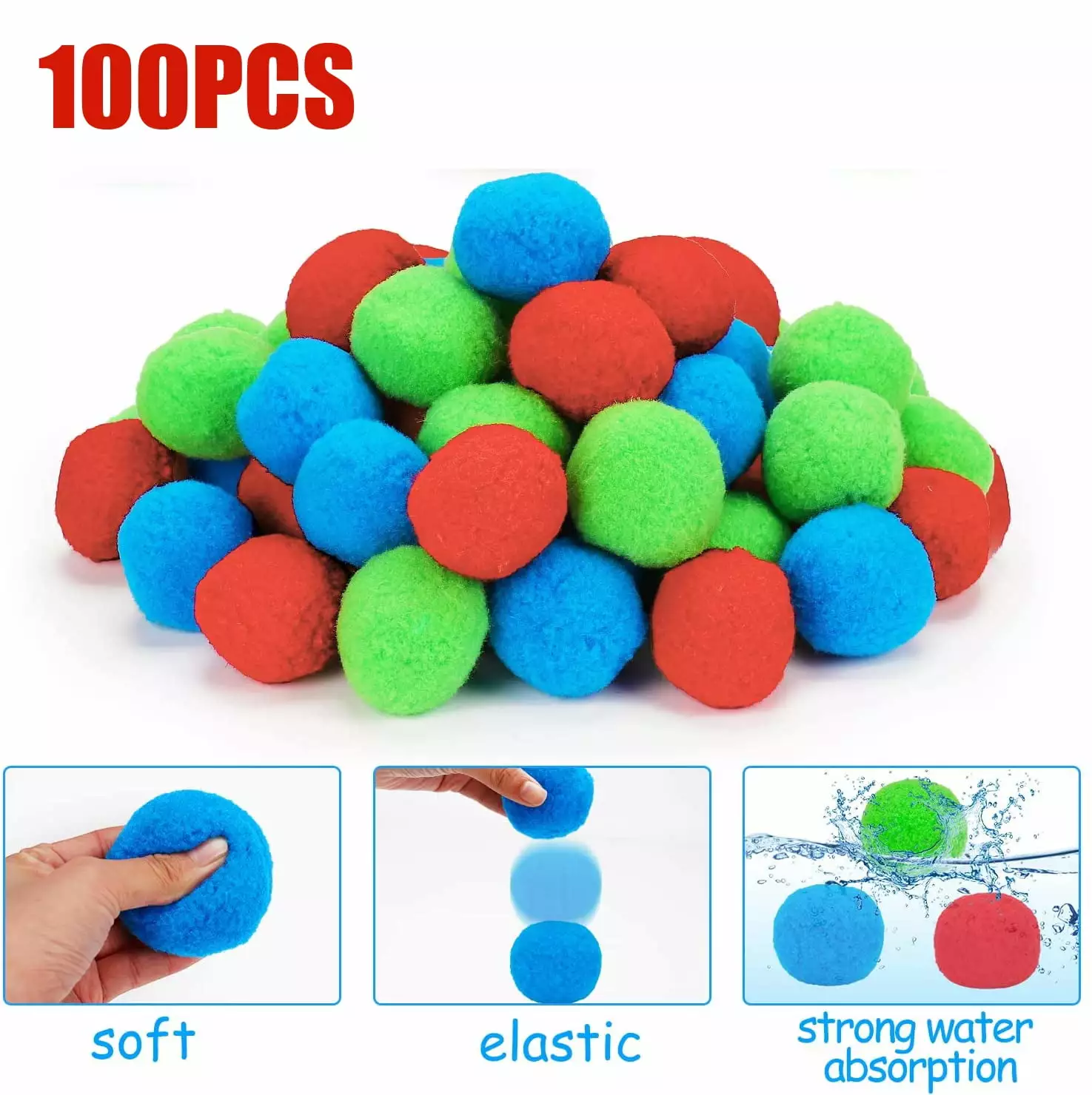 100 Reusable Water Balloons Instant Absorbent Fabric Splash Soak Bomb Balls For Water Balloon Fighting Games Outdoor Outdoor Toys For Toddlers Boys Girls Activities - 5cm