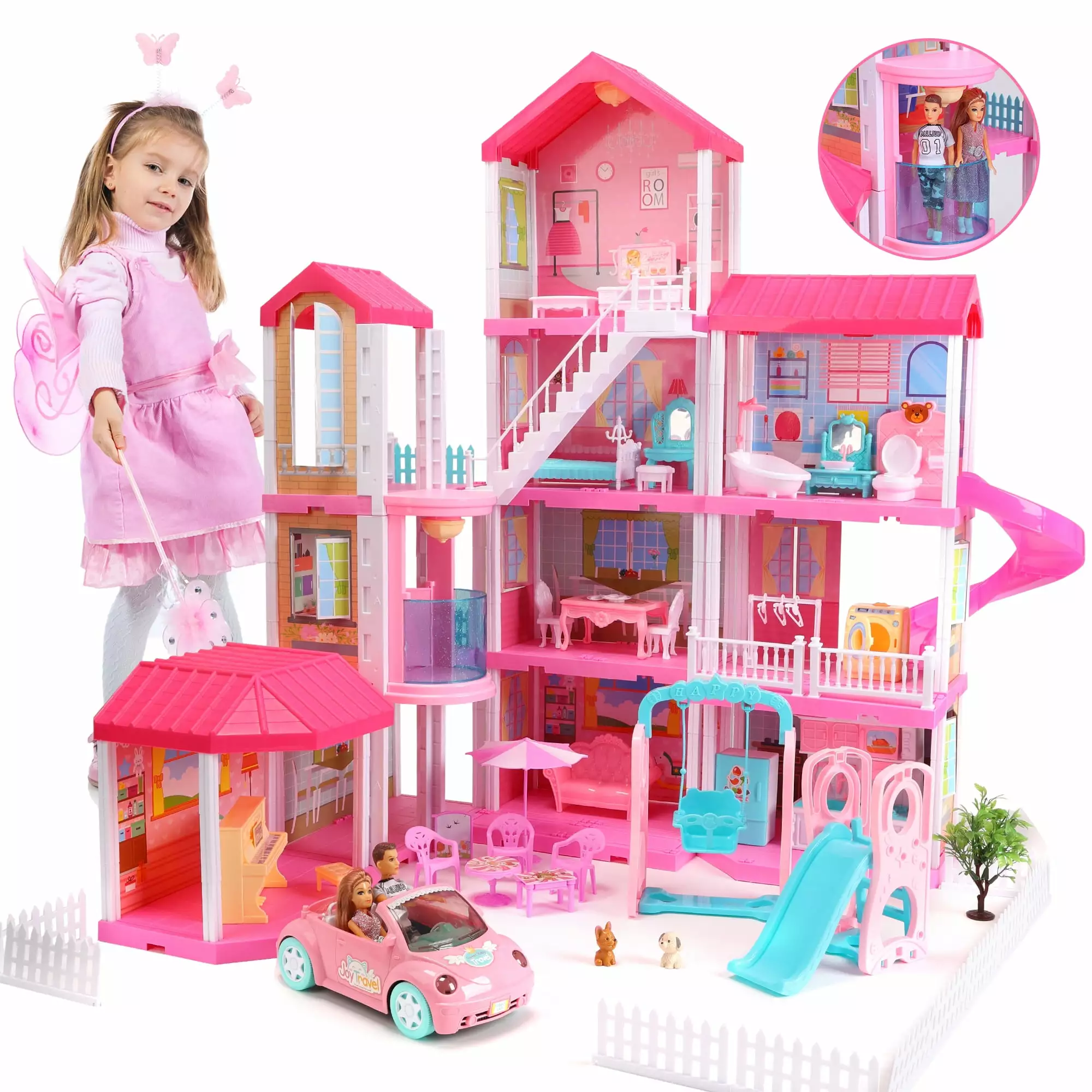 11 Rooms Dollhouse With Elevator And Light.Doll Toy Figures Toddler Playhouse With 359 PCS.Christmas Birthday Gifts for 3 4 5 6 7 Year Old Girls.Pink