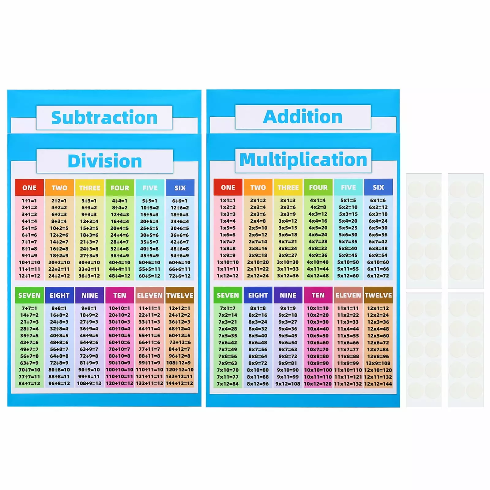 11x16inch Educational Posters. 4pcs Multiplication Chart Poster Division Chart Addition Poster Subtraction