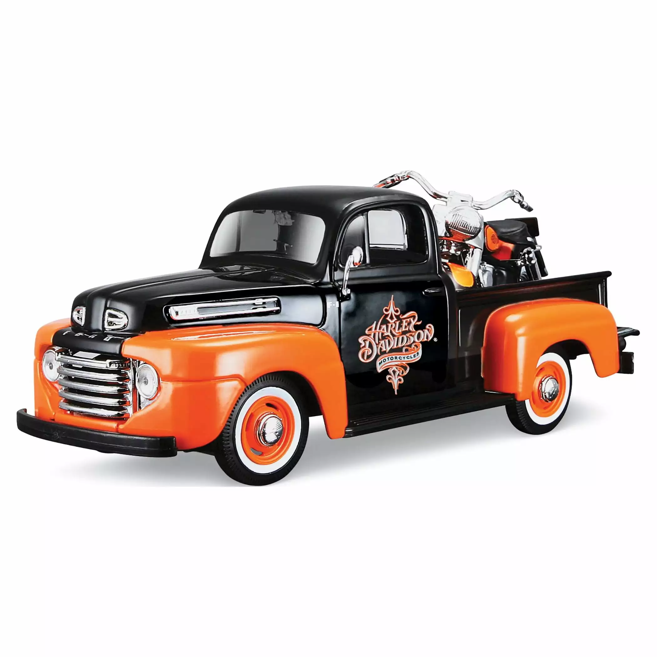 1948 Ford F-1 Pickup Truck with 1958 Harley Davidson FLH Duo Glide Motorcycle Orange and Black 1/24 Diecast Models by Maisto