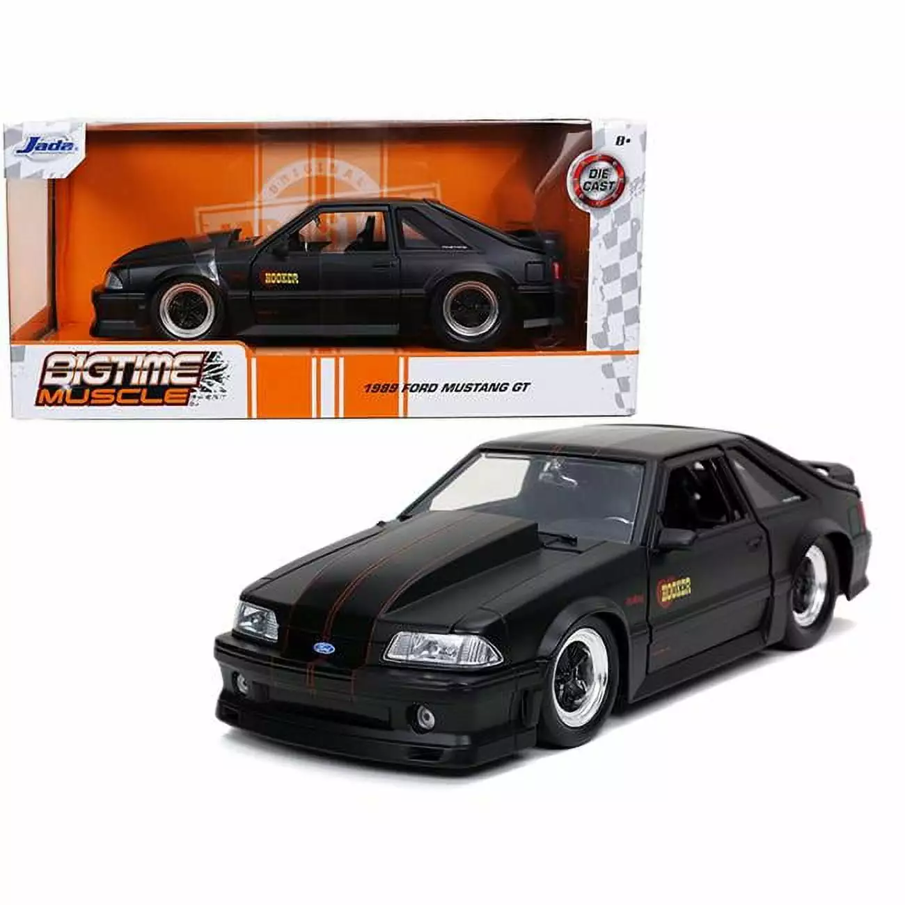 1989 Ford Mustang GT Hooker Matt Black with Red Stripes Bigtime Muscle 1/24 Diecast Model Car by Jada