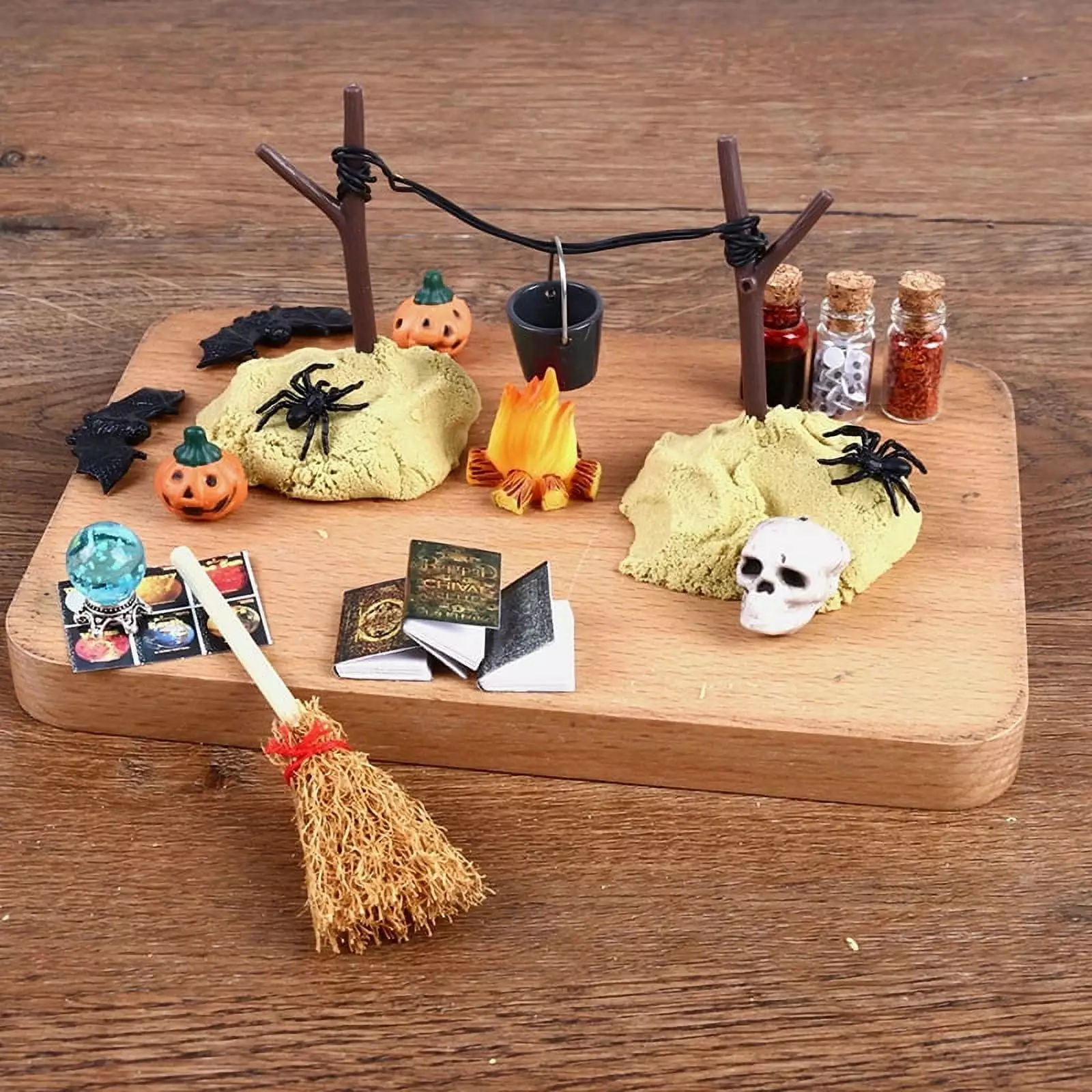 1Set 1:12 Dollhouse Miniature Halloween Horror Decor Toy Bat Head Broom Spider Pumpkin Head Magic Book Ornament DIY Toy