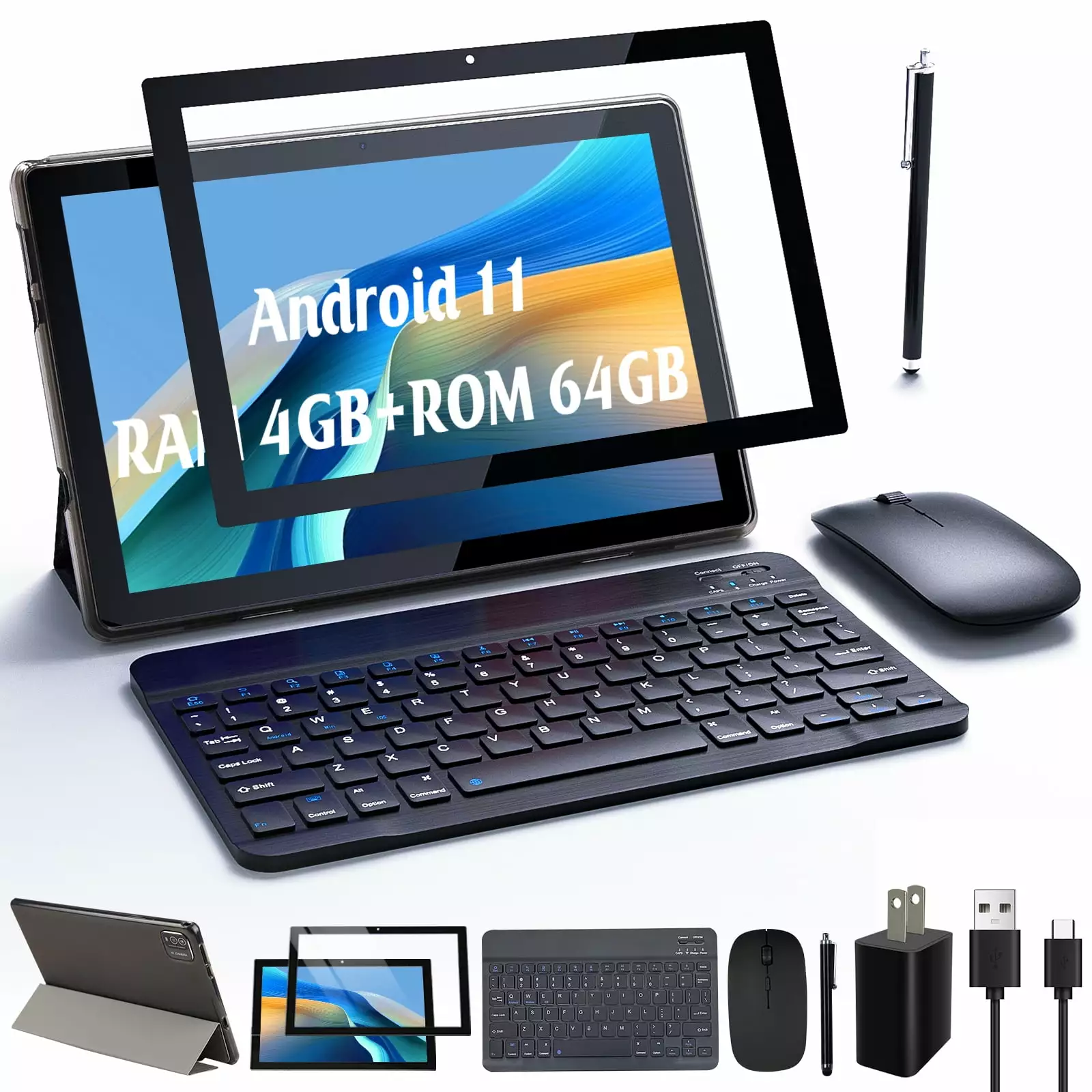 2 in 1 Tablet. 10 inch Tablet Android 11.0 Tablets PC with Keyboard Case Mouse Stylus Film. 4GB RAM+64GB ROM 512GB Expandable Tableta Computer. 10.1 IPS Screen. 2+8MP Dual Camera. WiFi BT Google Play.