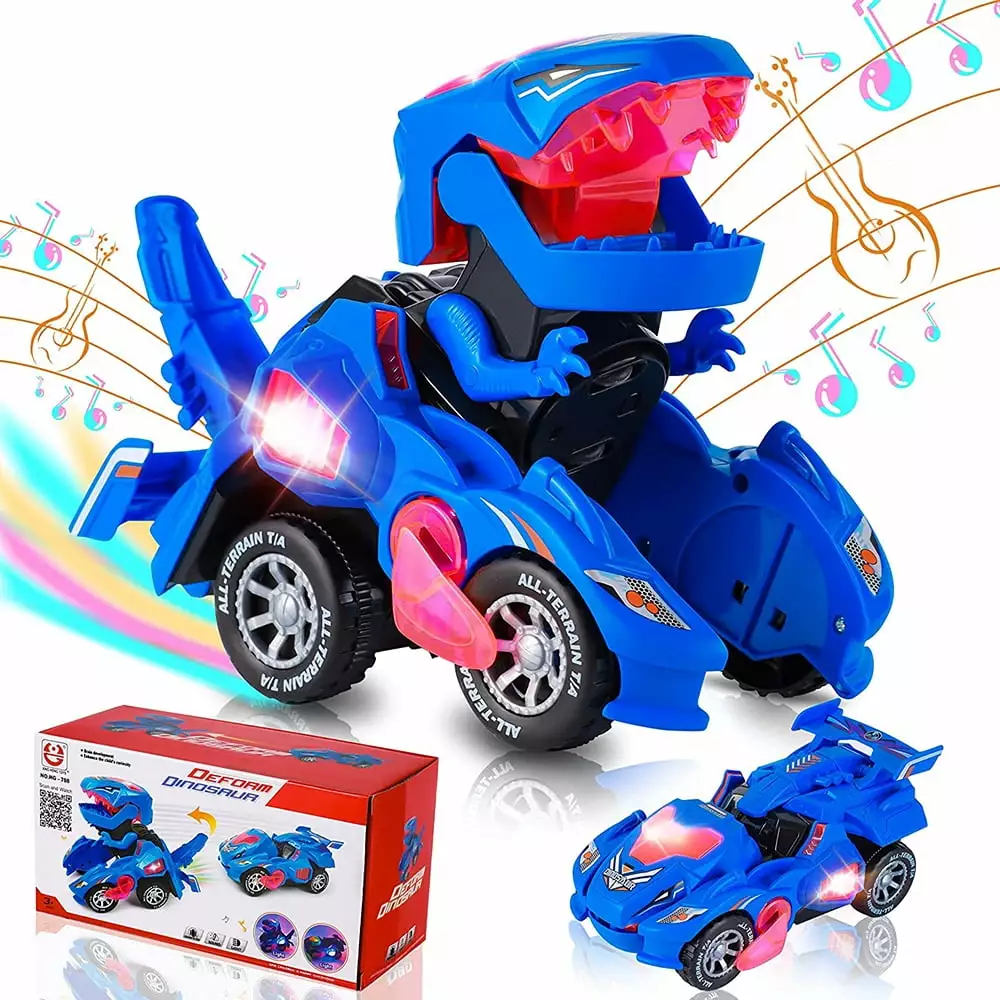 2 in 1 Transforming Dinosaur LED Car with Light and Music. T Rex Transformer Toys for 3 4 5 Year Old Boys. Christmas Birthday Gifts for Kids 3-5-7 (Blue)