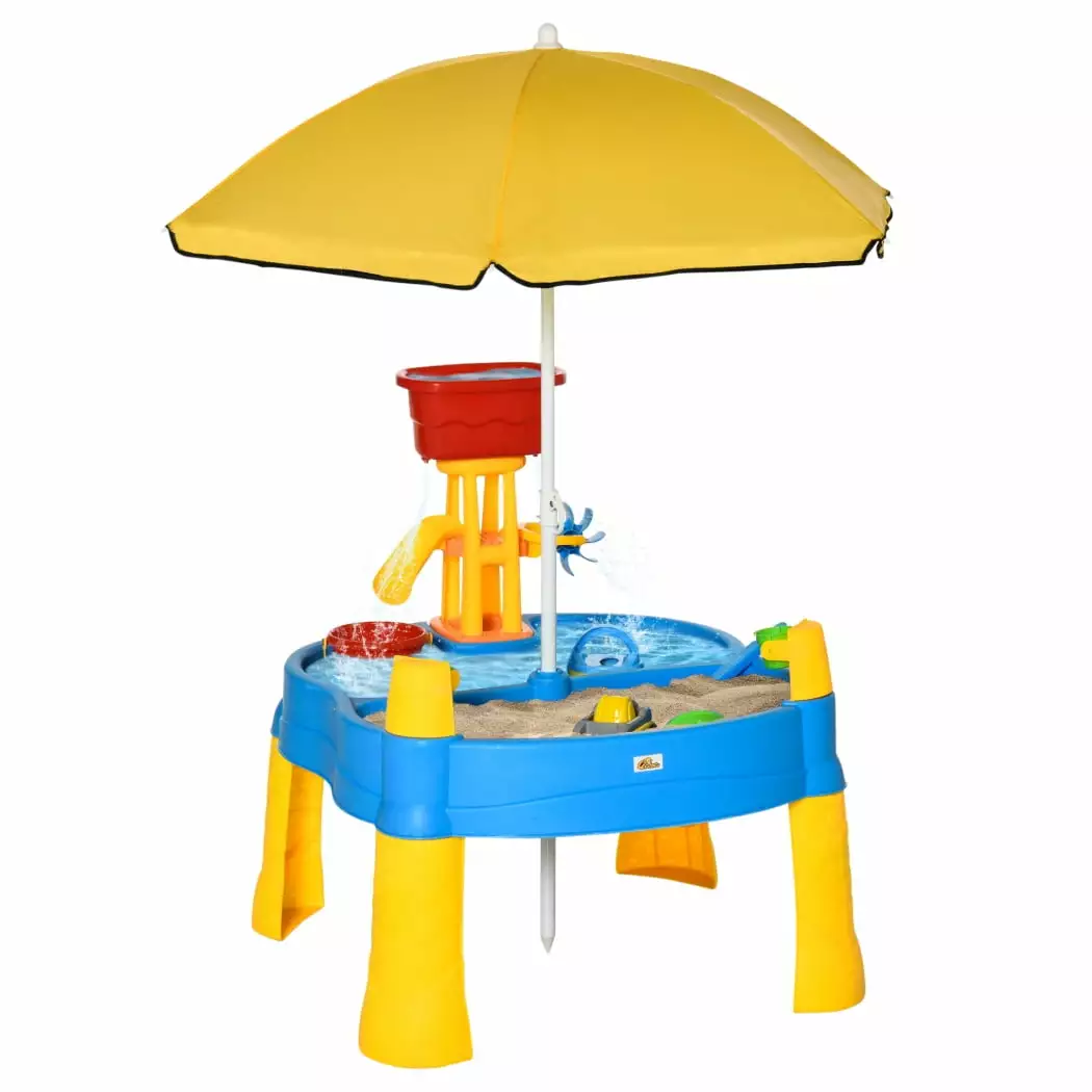 2-in-1 Covered Sandbox Table with Umbrella for Outdoors and Indoors. 25-Piece Sand and Water Table for Toddlers. Little Kids Toys