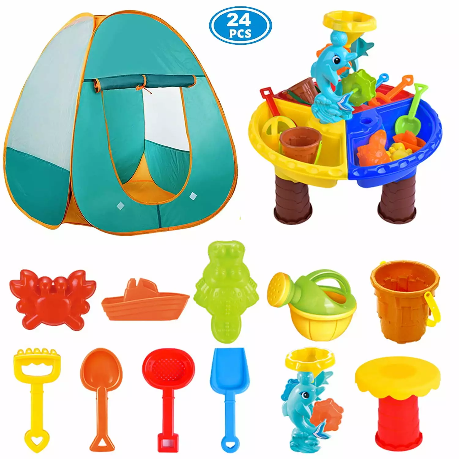 TABGIME 3-in-1 Kids Sand Water Table W/Play Tent & 22 Pcs Dolphin Hourglass Beach Toys for 2-5 Toddlers Indoor Outdoor Activity