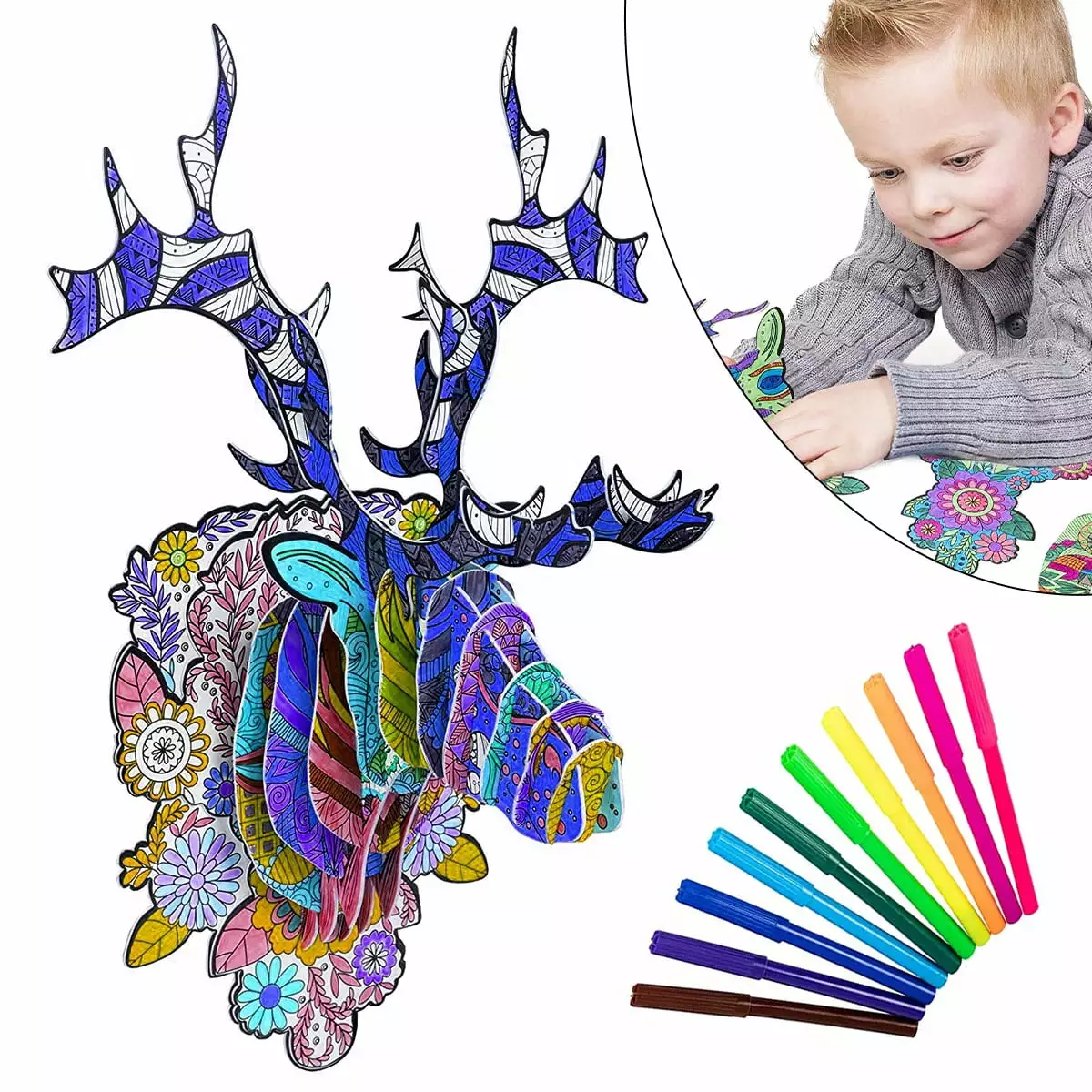 Kids 3D Puzzle Set Elk. Art Coloring Painting Puzzle with 10 Coloring Pen Educational Creative DIY Toy Gift for for 3 4 5 6 7 8 9 10 11 12 Year Old Girls Boys