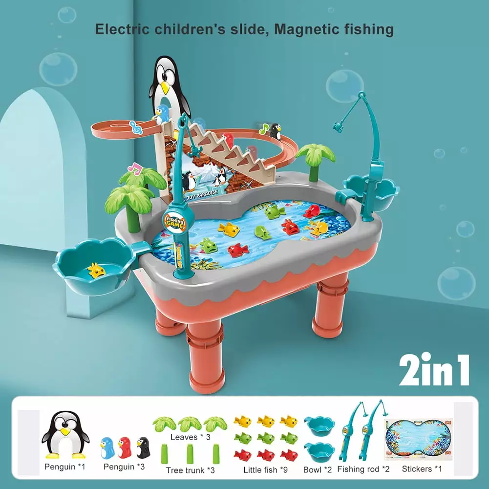 Penguin Climbing Stairs Magnetic Fishing Toy.Fishing Table with Light And Music Funny Creative Water Sensory Activity Tables