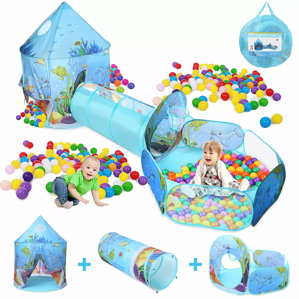 3 in 1 Portable Toddler Kids Play Tent House Crawl Tunnel Ball Pit In/Outdoor with PopUp Playhouse Tent. Basketball Hoop Set for Kids. Polyester