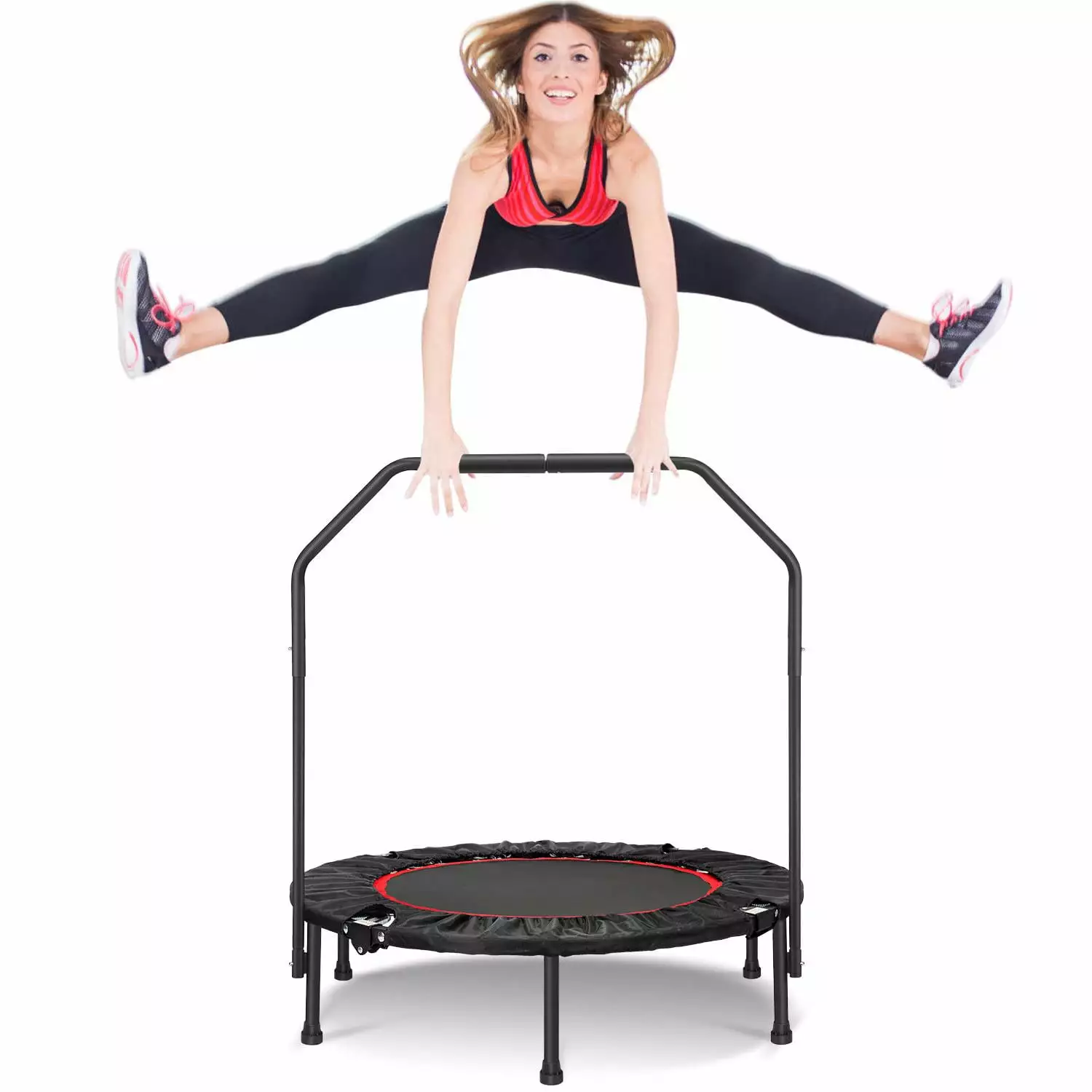 Upgraded Small Exercises Trampoline with Armrest Handle. Indoor Outdoor Recreational Mini Rebounder Trampoline for Adults Kids Toddlers. Max Load 330lbs