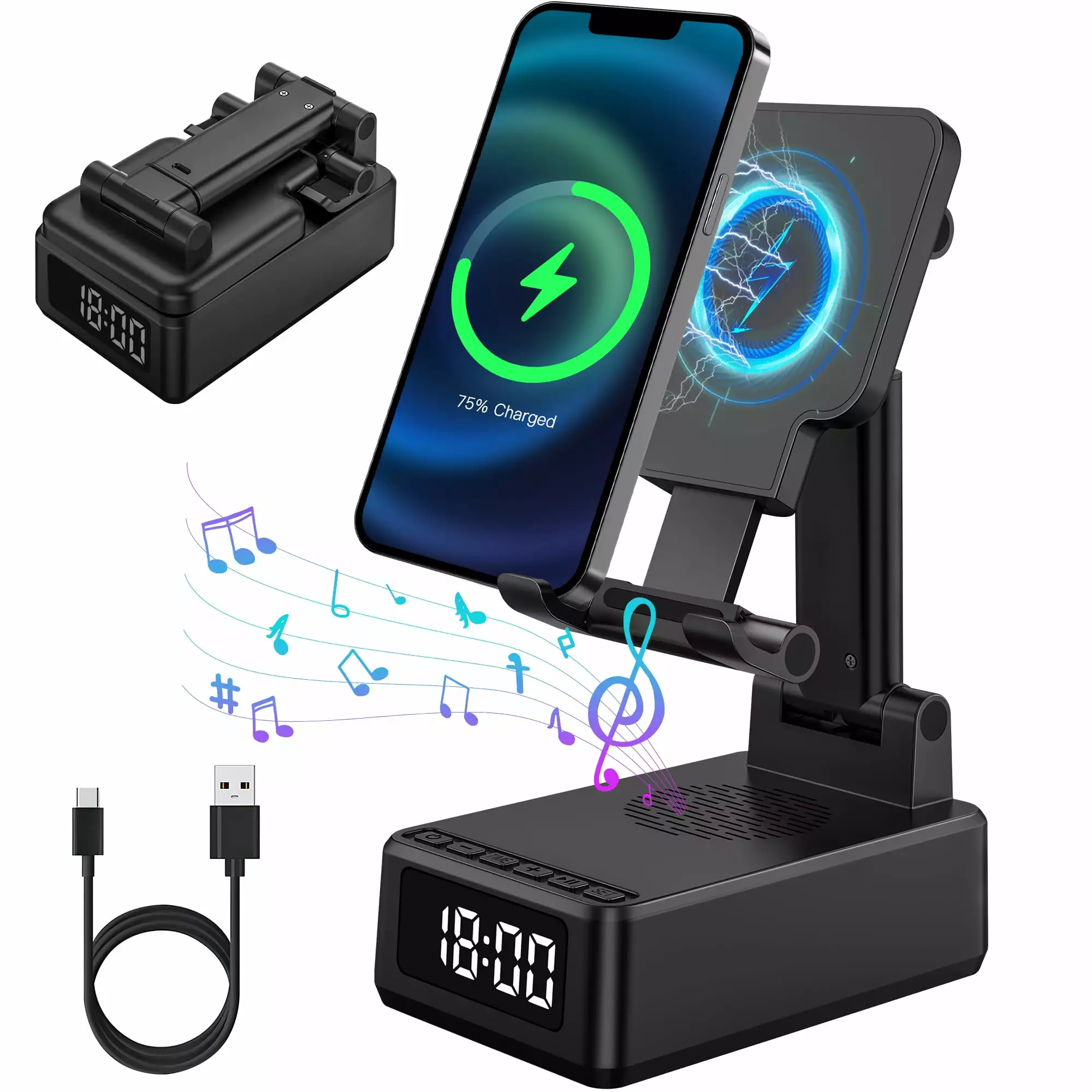 4 in 1 Cell Phone Stand with Wireless Bluetooth Speaker/Wireless Charger/Clock. Anti-Slip Base HD Stereo Sound Bluetooth Speaker for Home. Office. Outdoor Compatible with iPhone/ipad/Samsung Galaxy