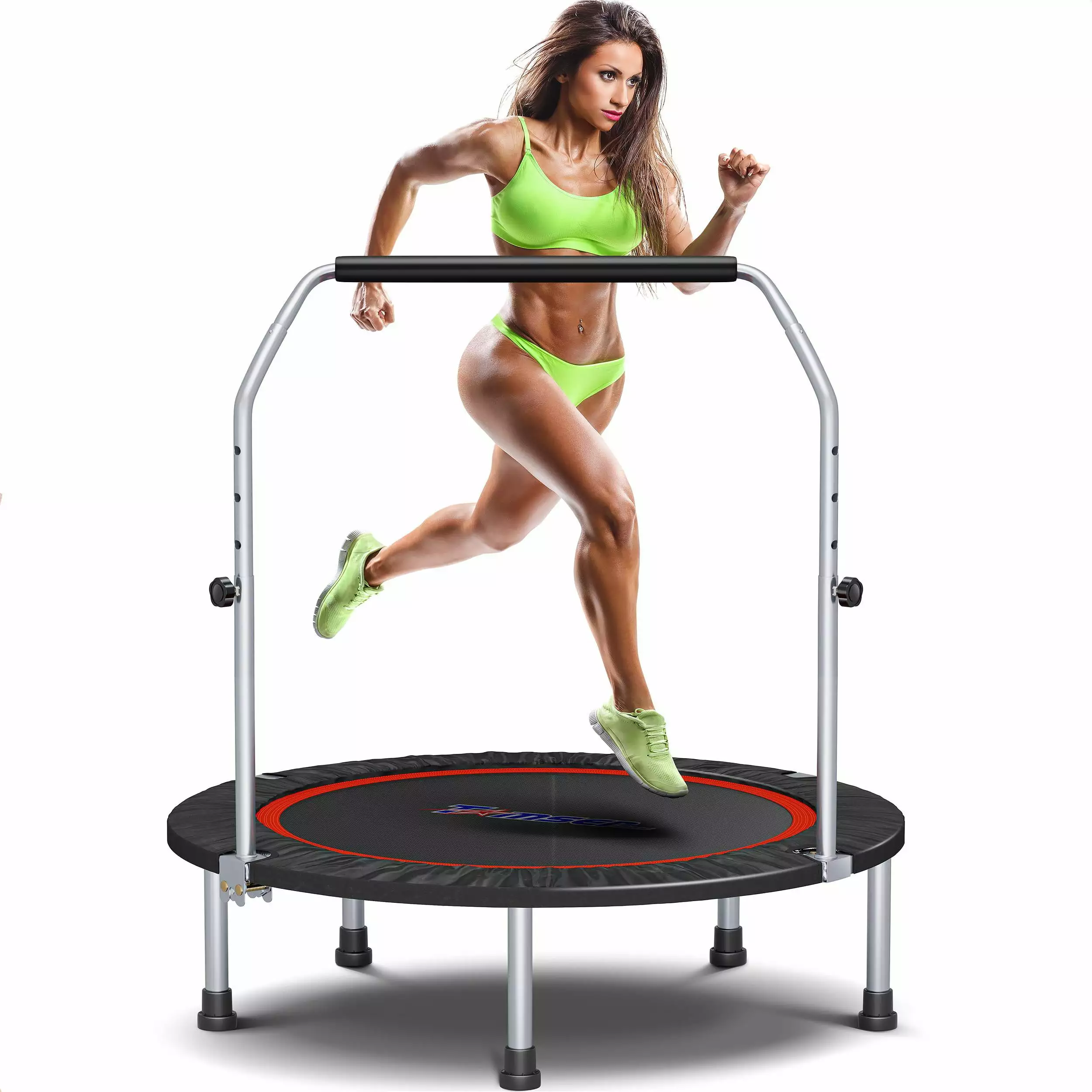 40'' Silent Foldable Trampoline. Exercise Fitness Trampoline with Higher 52 Adjustable Handrail Fitness Rebounder with Carry Bag Mini Trampoline for Kids Adults Indoor/Garden Workout Max Load 400lbs