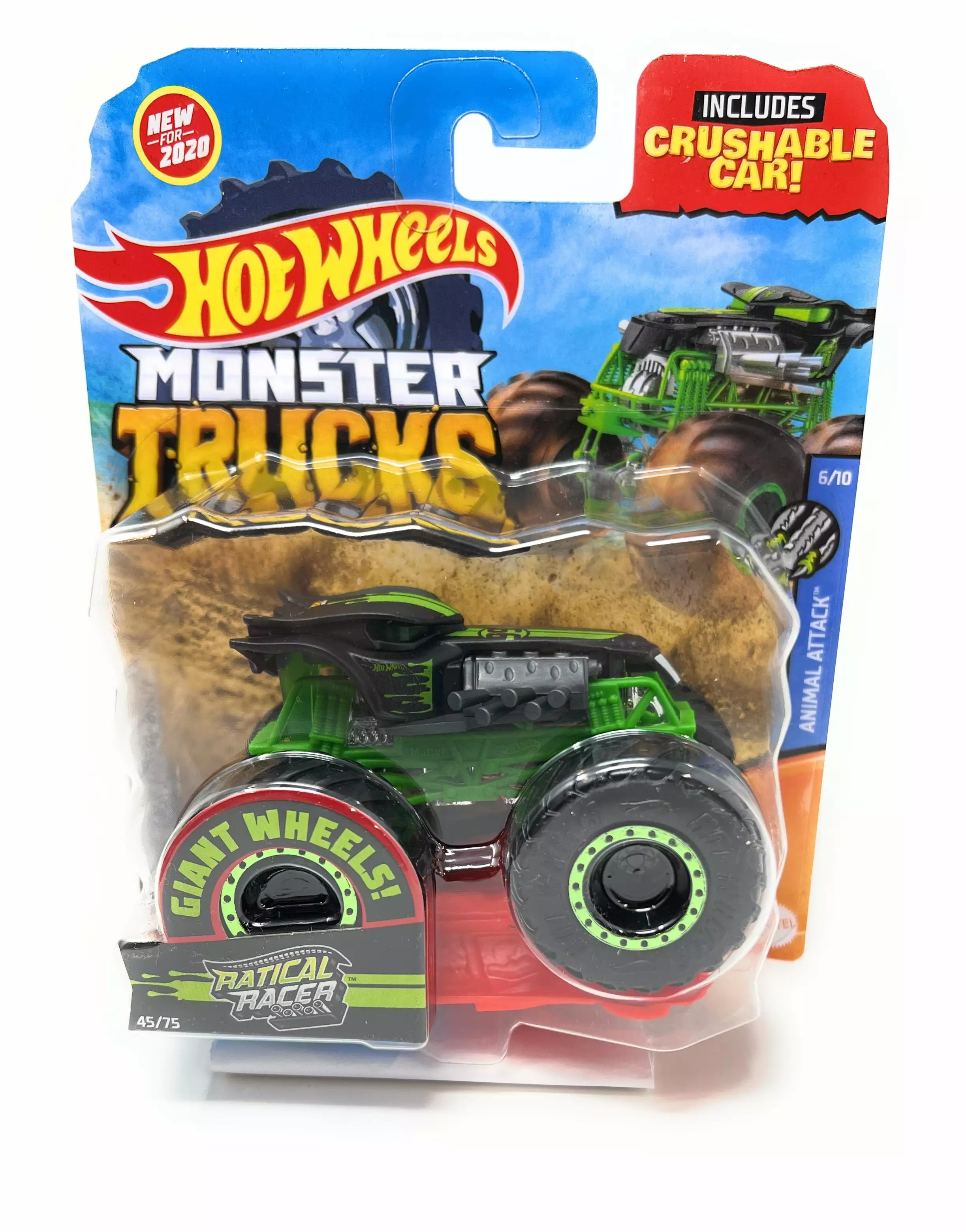 Hot Wheels Monster Truck Ratical Racer Animal Attack 6/10 1:64 Scale Die-Cast includes Cushable Car for Kids age 3 - 8 Years Old. Collectible Toy Truck with BIG Wheels for Crashing and Smashing