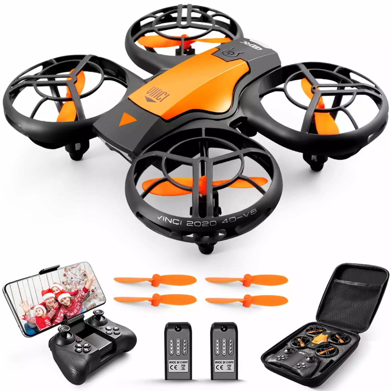 4DRC V8c Drone with 720P HD Camera for Adults and Children FPV Real-time Video. 2 Modular Batteries and Storage Bag. Orange