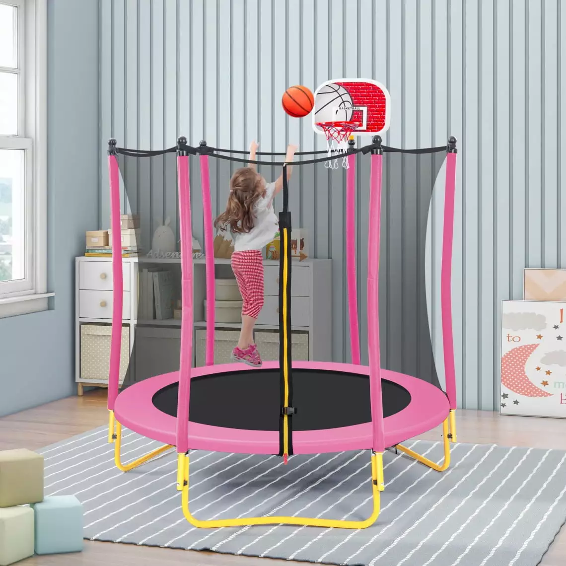 5.5FT Jump Recreational Trampolines for Kids.65 Mini Toddler Trampoline Weight Capacity 220 lbs with Safe Enclosure Net. Basketball Hoop and Ball for Indoor & Outdoor (Pink)