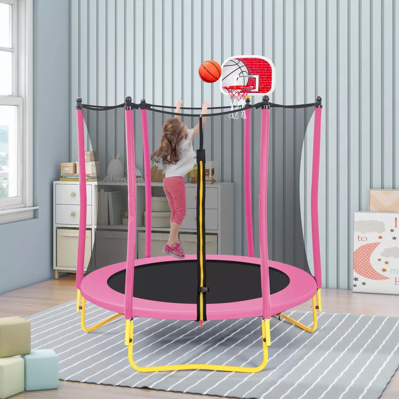 5.5FT Toddler Trampoline. Indoor & Outdoor Playset. Kids Trampoline. Safe Mini Trampoline for Kids with Safety Enclosure Net. Gifts for Birthday Boys and Girls. Basketball Hoop and Ball Included. Pink