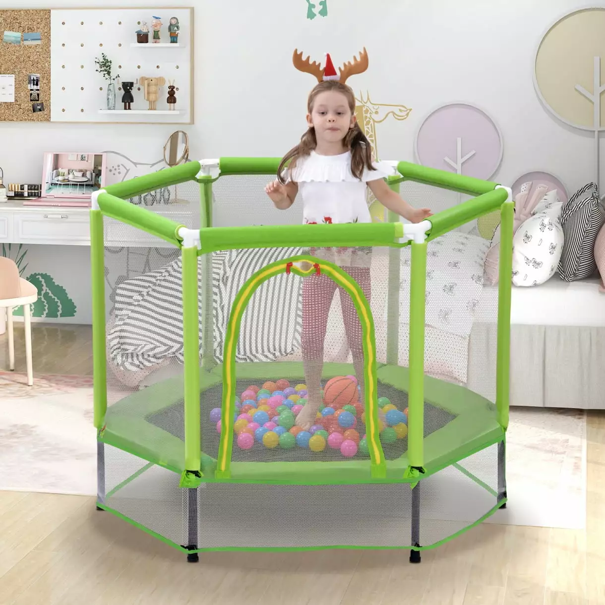 55'' Toddlers Trampoline for Kids with Safety Enclosure Net and Balls. Baby Trampoline Toys. Indoor Outdoor Mini Trampoline for Kids. Green