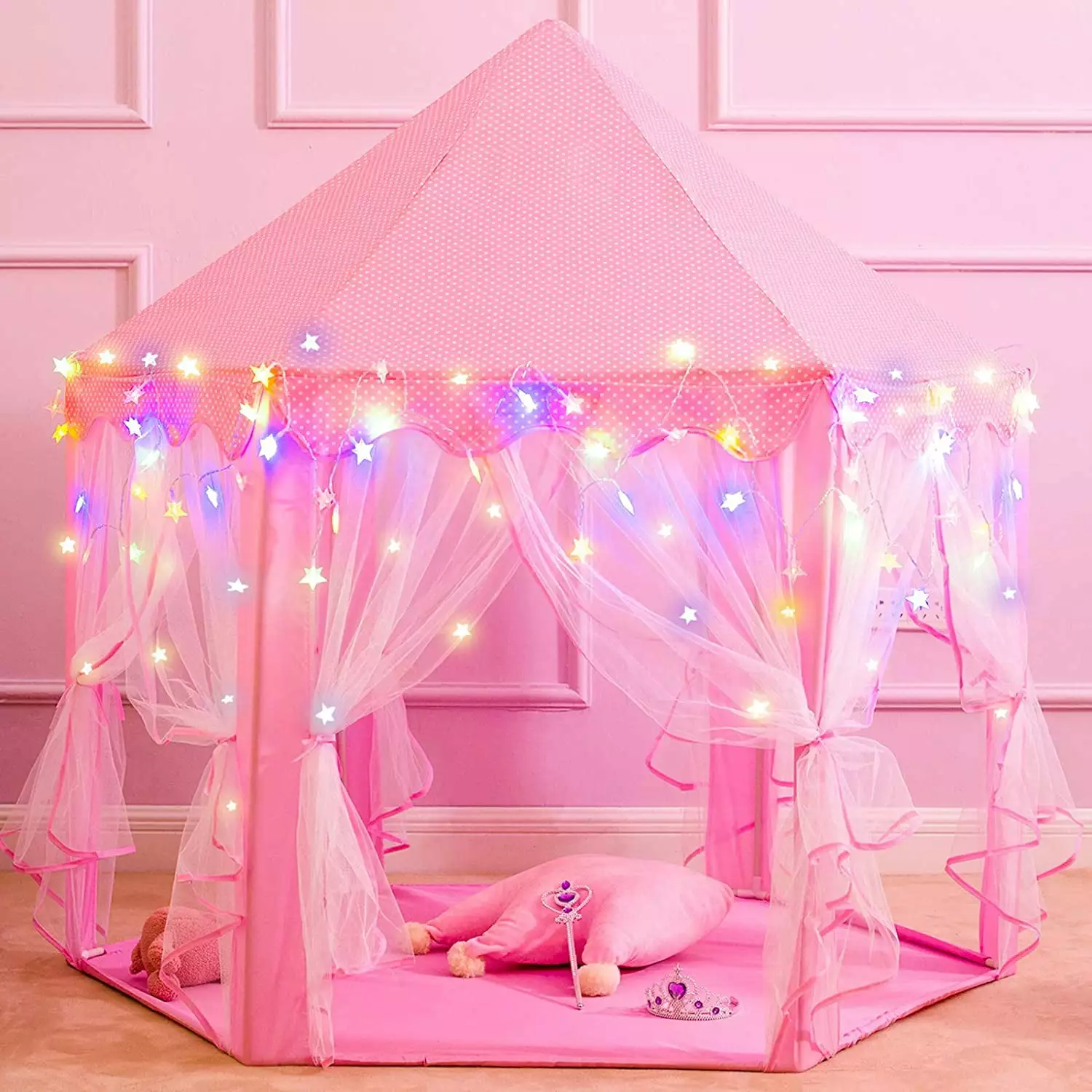 55 x 53 Princess Tent Star Lights. Girls Large Pink Playhouse. Kids Castle Play Tent for Children Indoor and Outdoor Games