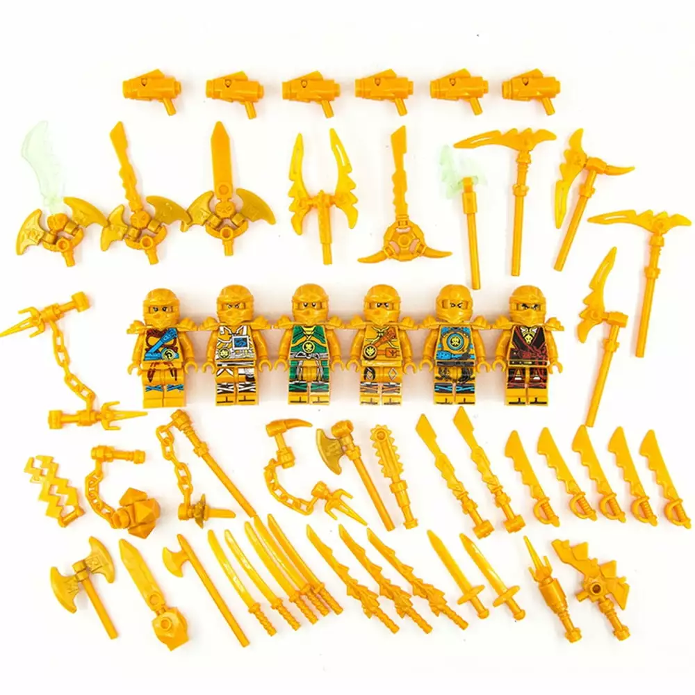 6 Pcs Gold Action Figures Splicing Toys Set Lots of Equipment. Mini Anime Combat Building Block Minifigures Action Figure. Gift for Boys and Girls