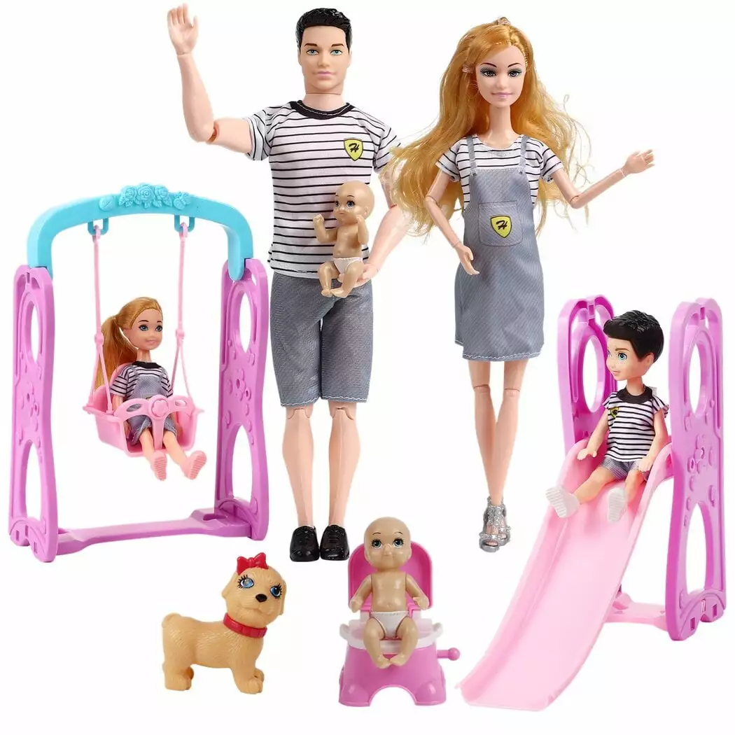 6 People Family Dolls Set with Pregnant Mom Dad 3 Kids Baby Boy in Mommy's Tummy. Toddler Kids Toy Gift Dolls of Happy Family Doll Members Parents & Children with Slide Dog