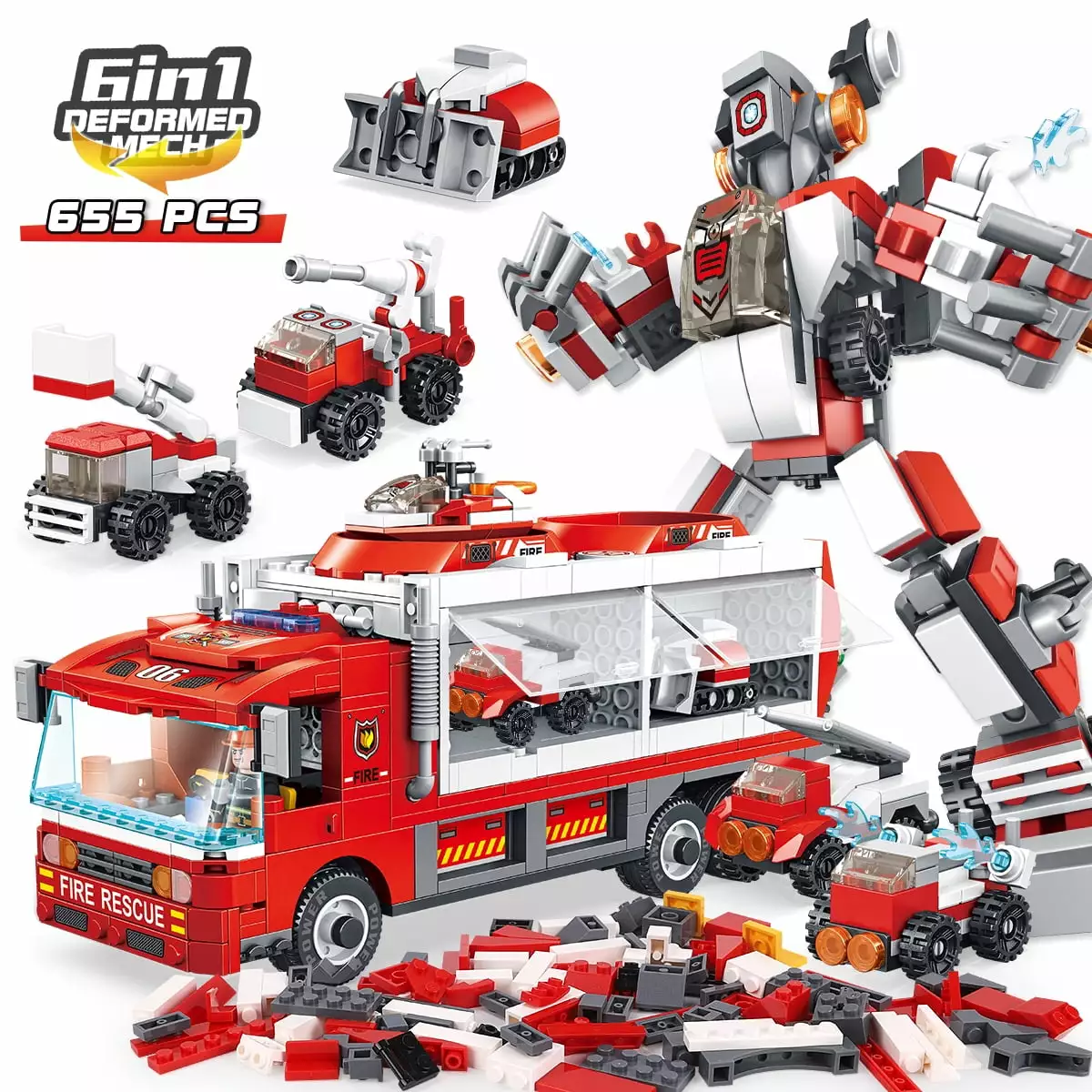 6-in-1 Robot Building Toys for Kids - Red (655 Pcs)