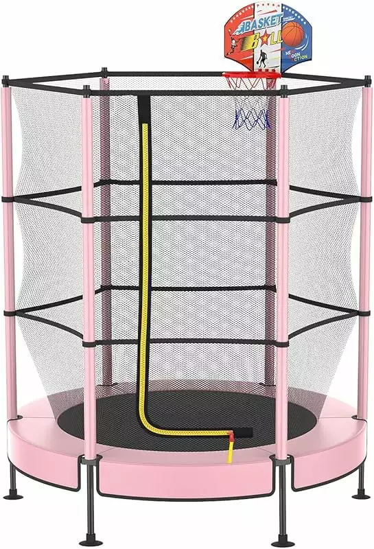 60 Trampoline for Kids with Basketball Hoop. 5ft Indoor Outdoor Toddler Mini Trampoline with Raised Safety Net - Birthday Gifts for Boys and Girls. Christmas Toys for 1-12 Years Old