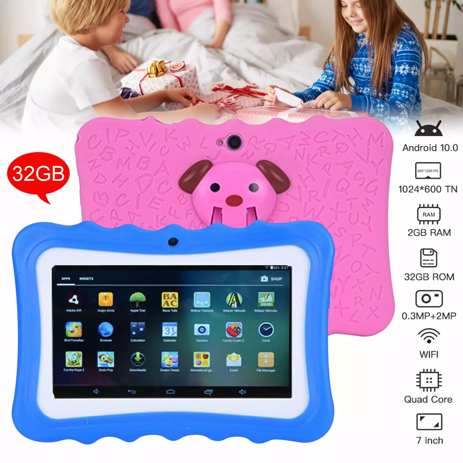 7 Inch Kids Android Tablet.1GB RAM 16GB ROM Storage Kids Learning Tablet.Tablet for Kids 6-12 with Shockproof Case.Pink