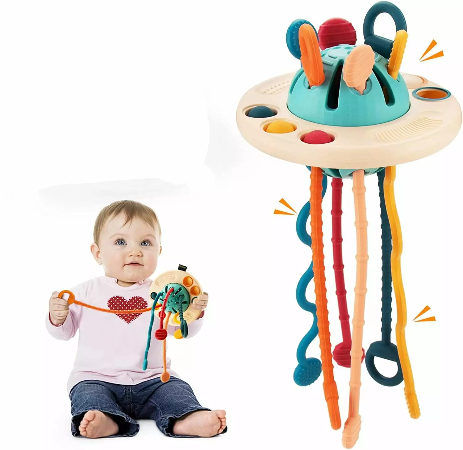 Baby Montessori Toys 12-18 Months. Baby Toys 6 to 12 Months. Sensory Toys for Toddlers. UFO Food Grade Silicone Pull String Activity Toy. Travel Toys for 1 Year Old. First Birthday Gift for Boys Girls