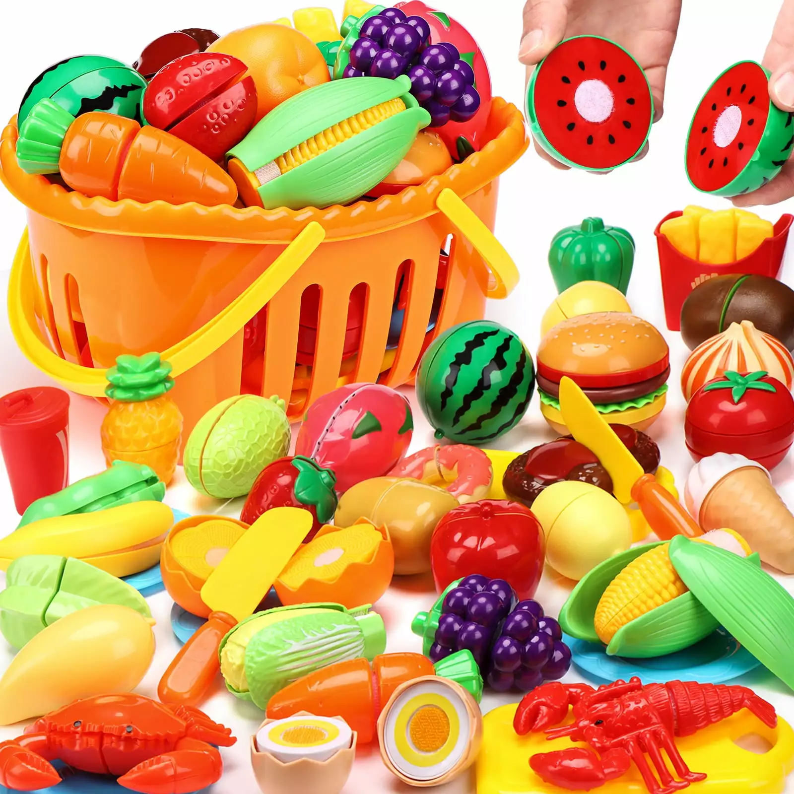 BMAG 88pcs Cutting Play Food Sets for Kids. Pretend Play Kitchen Toys Accessories Educational Toy Food with Storage Basket