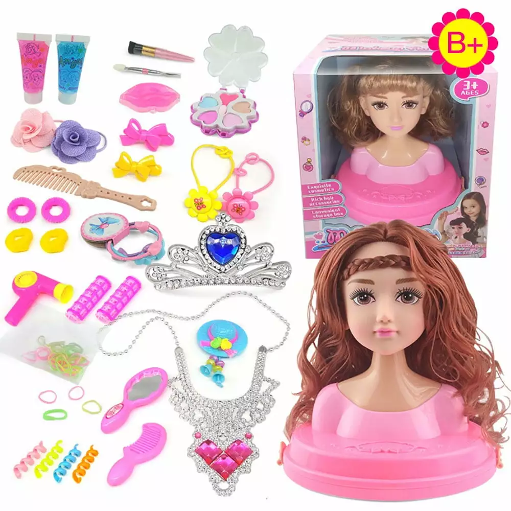 Garhelper Kids Dolls Styling Head Makeup Comb Hair Toy Doll Set Pretend Play Princess Dressing Play Toys For Little Girls Makeup Learning Ideal Present