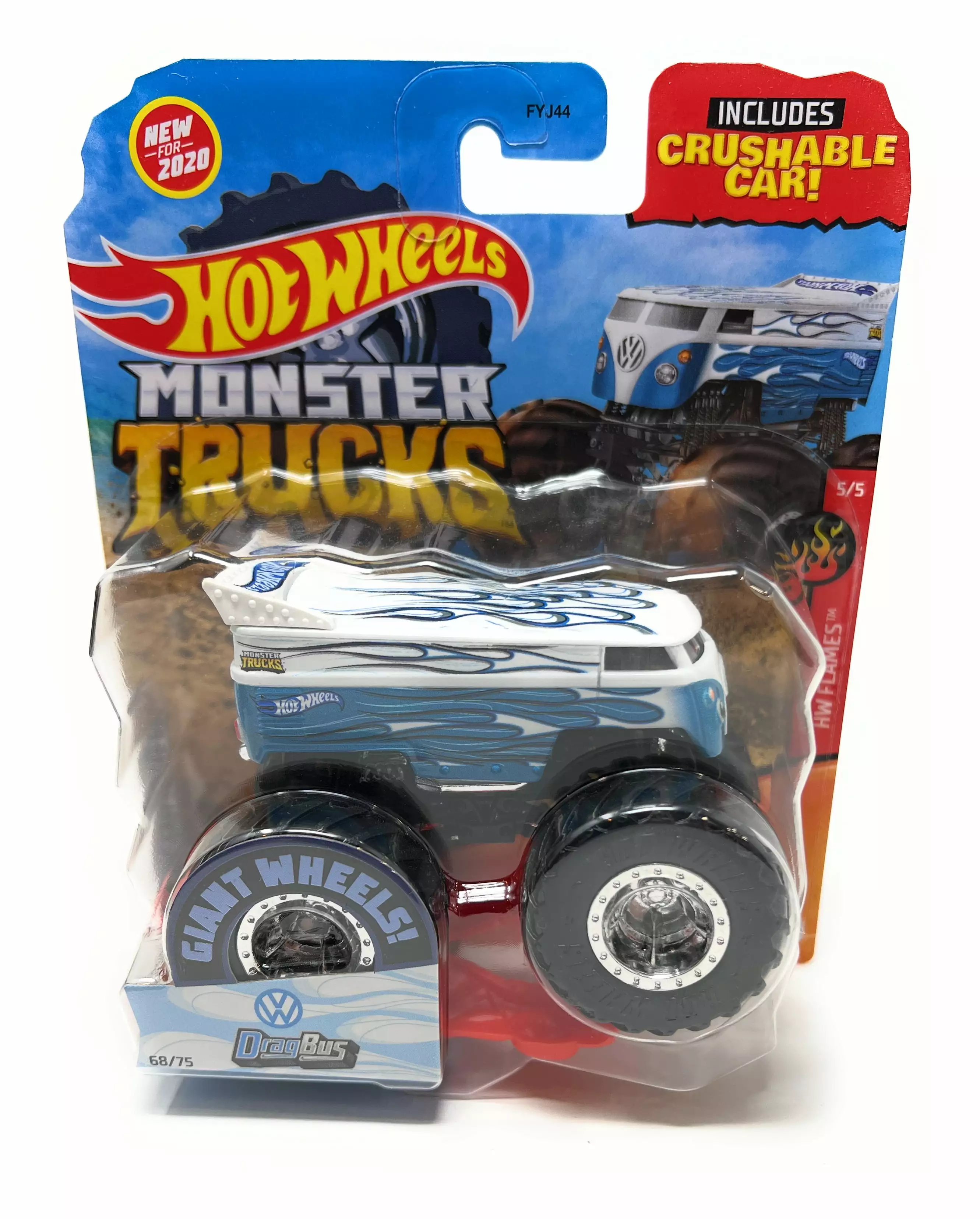 Hot Wheels Monster Truck DragBus HW Flames 5/5 1:64 Scale Die-Cast includes Cushable Car for Kids age 3 - 8 Years Old. Collectible Toy Truck with BIG Wheels for Crashing and Smashing