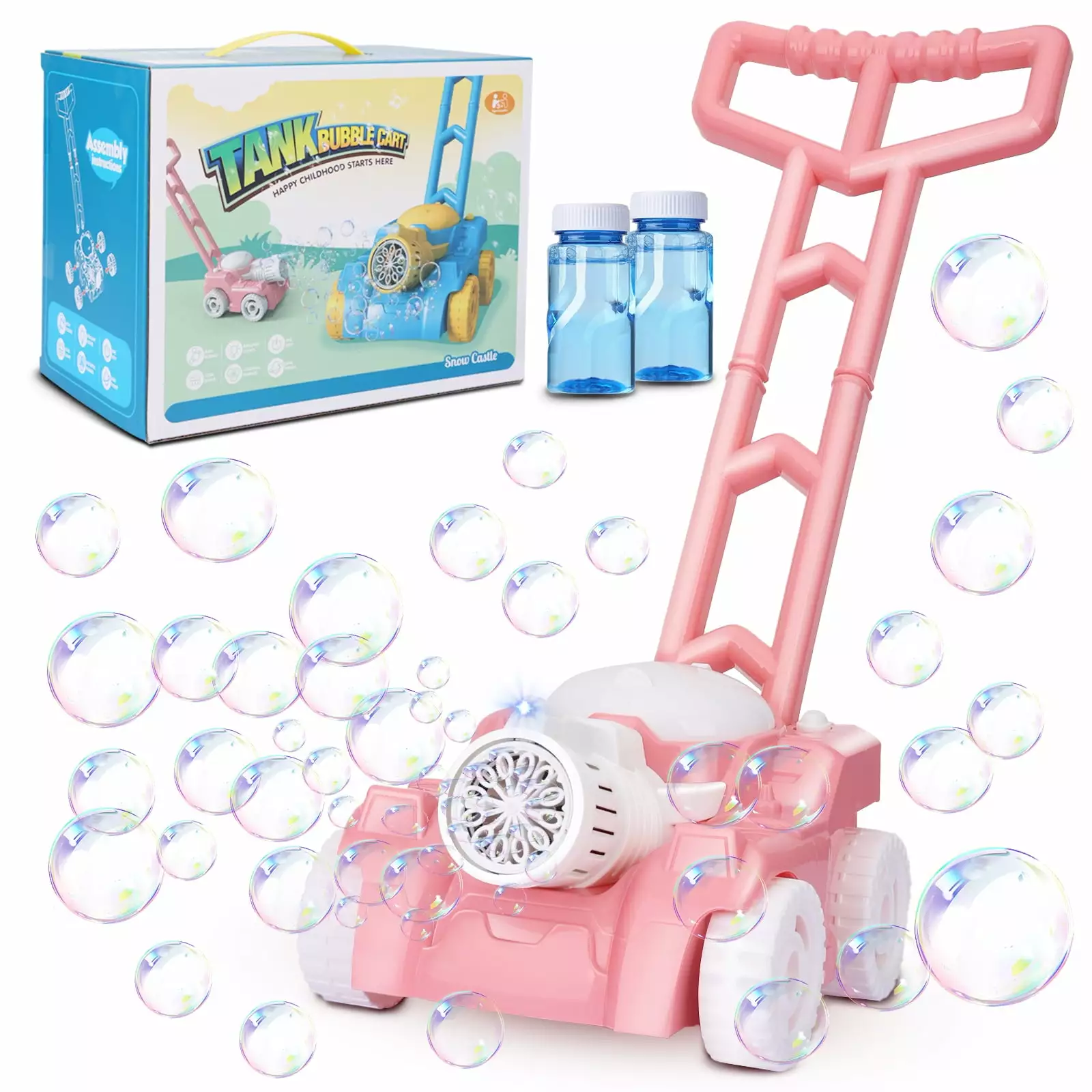 AOKESI Bubble Lawn Mower for Kids. Outdoor Backyard Gardening Bubble Blower Machine with Lights. Automatic Bubble Maker Push Toys for for 3-8 Years Old Boys Girls