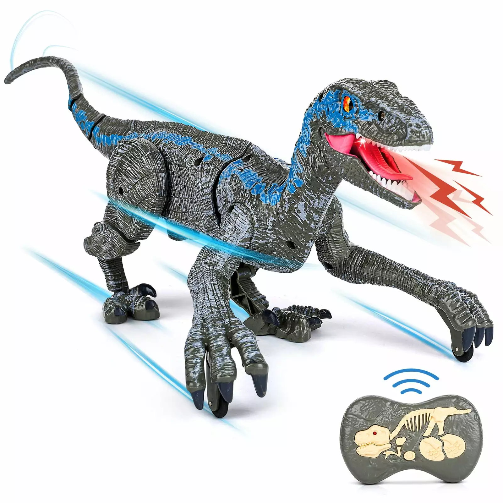 AOKESI Remote Control Dinosaur Toy for Kids. 2.4G Realistic Walking Velociraptor Electronic RC Jurassic Dinosaur with Lights & Sounds. Interactive Roaring Dino Toy Gift. Gray