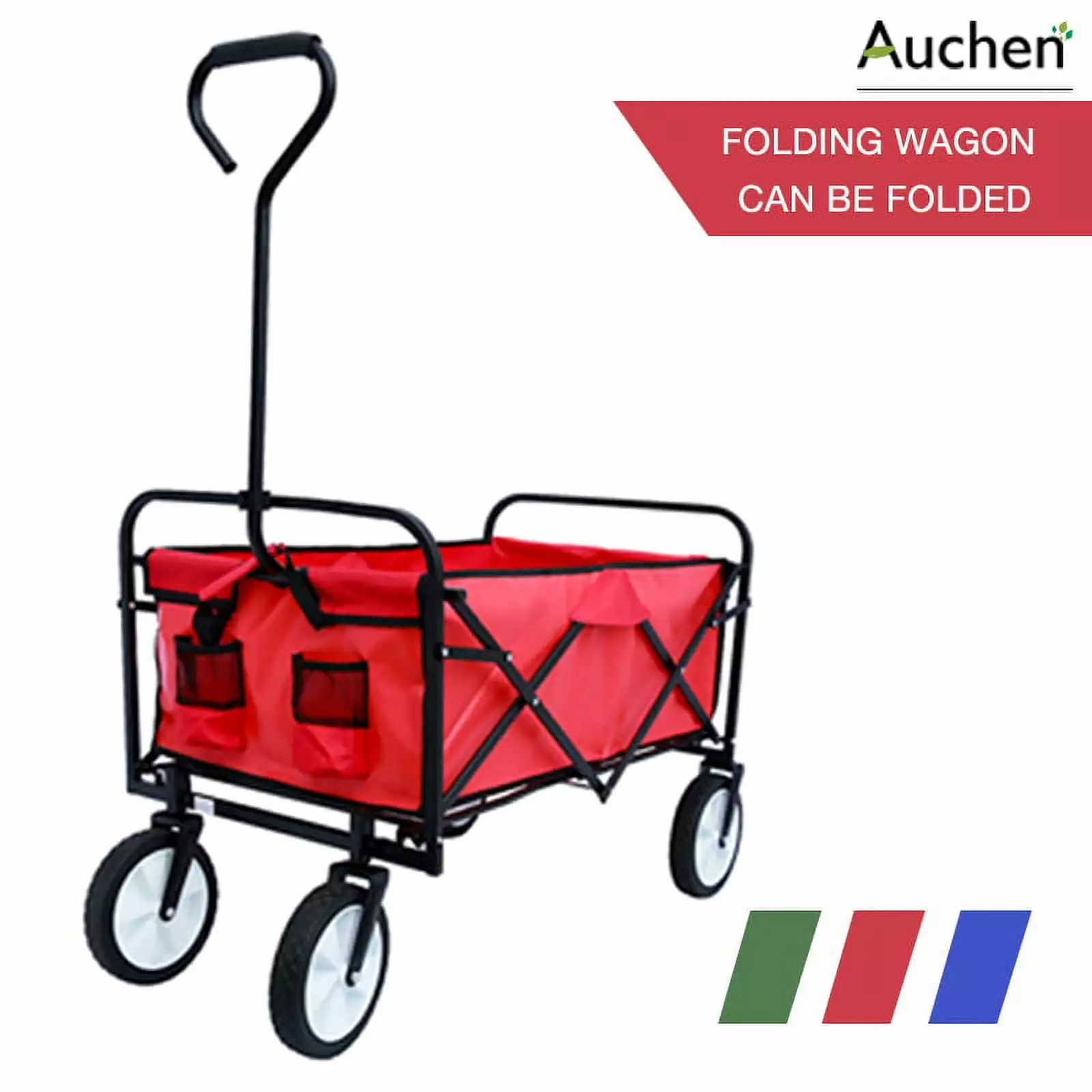 AUCHEN Collapsible Hand Wagon Cart. Folding Outdoor Utility Wagon for Max 150lb.Heavy Duty Garden Portable Beach Wagon with 2 Drink Holders-Shopping and Park Picnic.Beach Trip and Camping-Red