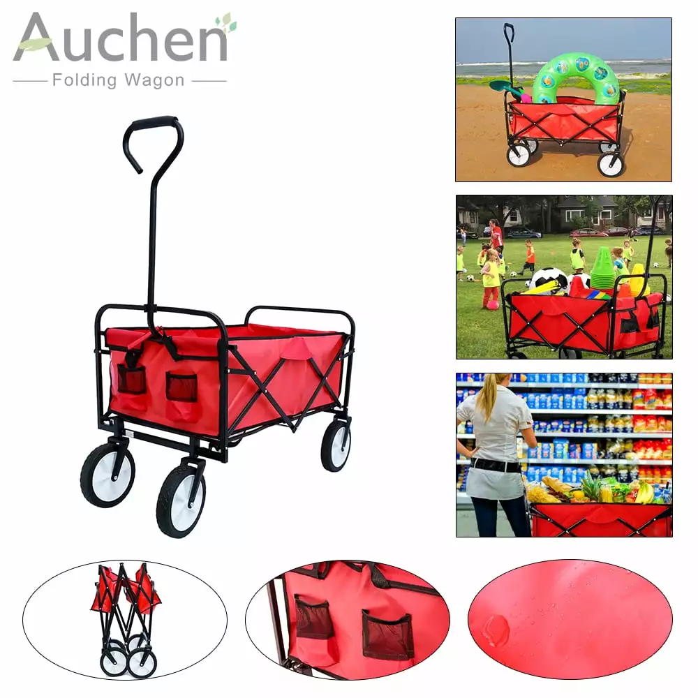 AUCHEN Folding Outdoor Utility Wagon Carts for Kids 150lbs. Heavy Duty Portable Hand Collapsible Beach Wagon Cart with 2 Drink Holders and 4x8 Rubber Wheels for Garden Shopping Trip Camping - Red