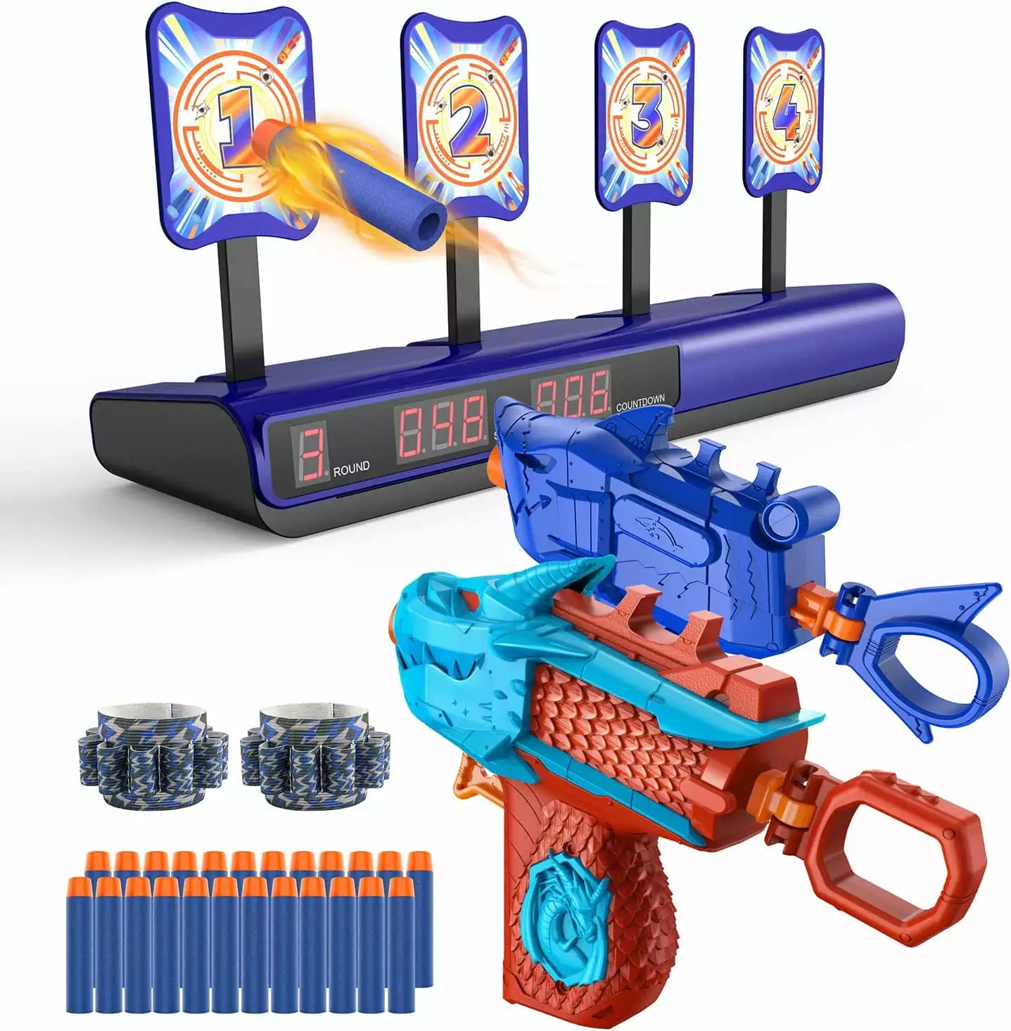 Absoke Electronic Shooting with 2 Foam Blaster Toy. Scoring Auto Reset Digital for Nerf Blaster Toys with 24 Refill Darts & 2 Dart Bands. Ideal Gift Toy for Kids-Boys & Girls