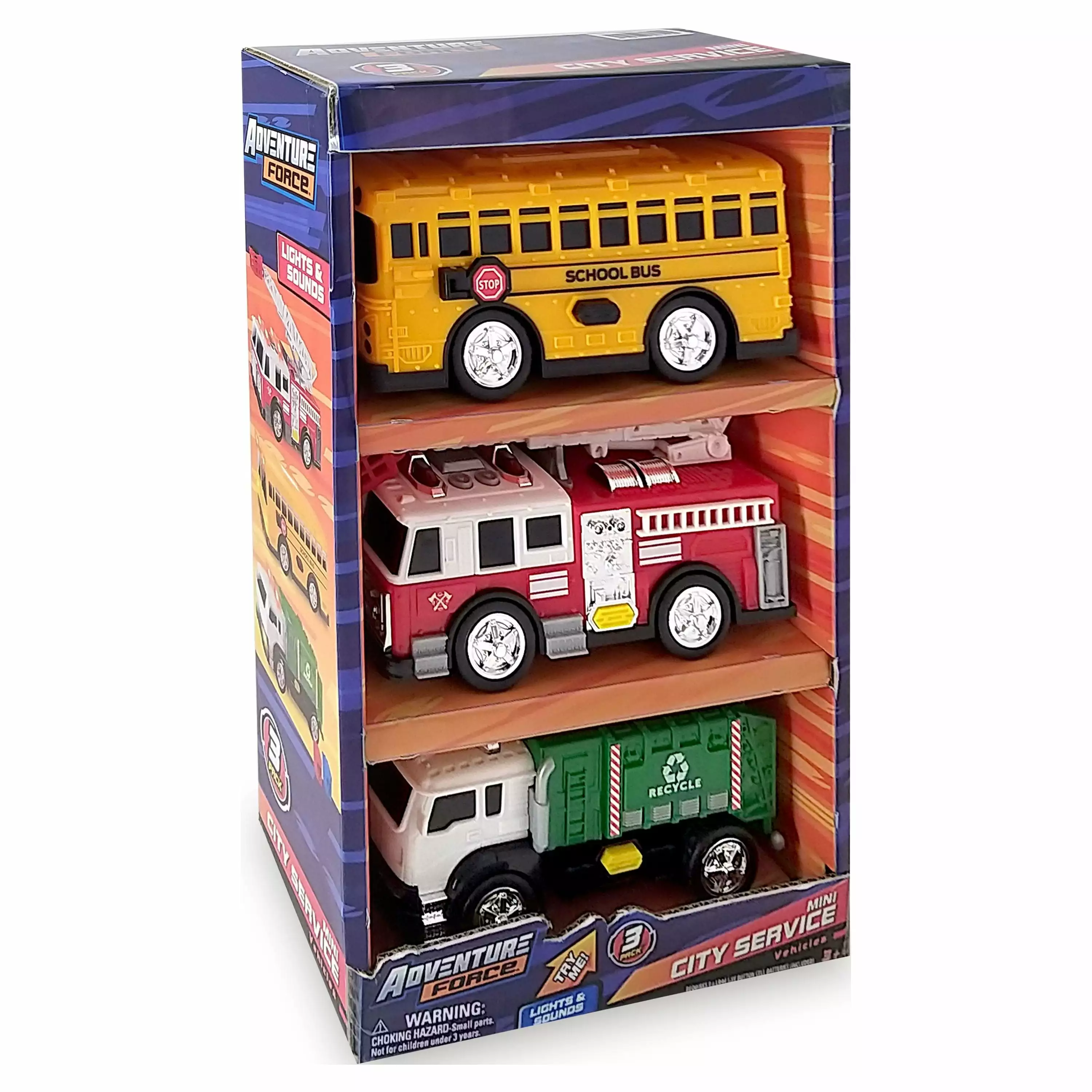 Adventure Force Light & Sound Mini City Service Vehicles. 3 Pack. School Bus. Fire Truck and Recycling Truck