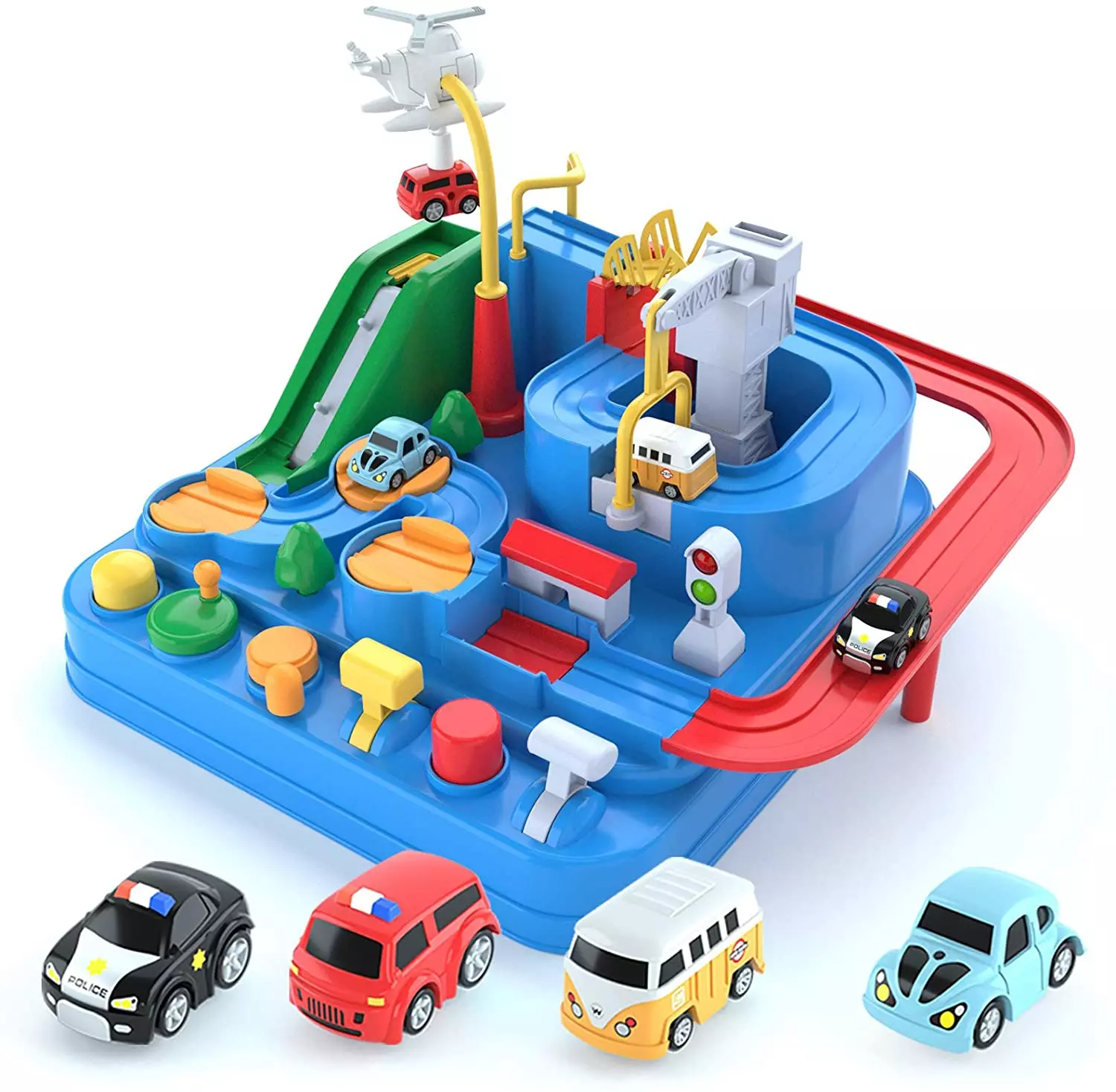 Adventure Race Car Tracks Toys for 3 4 5 6 Year Old Boys Parent-Child Interactive Racing Kids Game Set with Police car. Ambulance. School Bus. Taxi