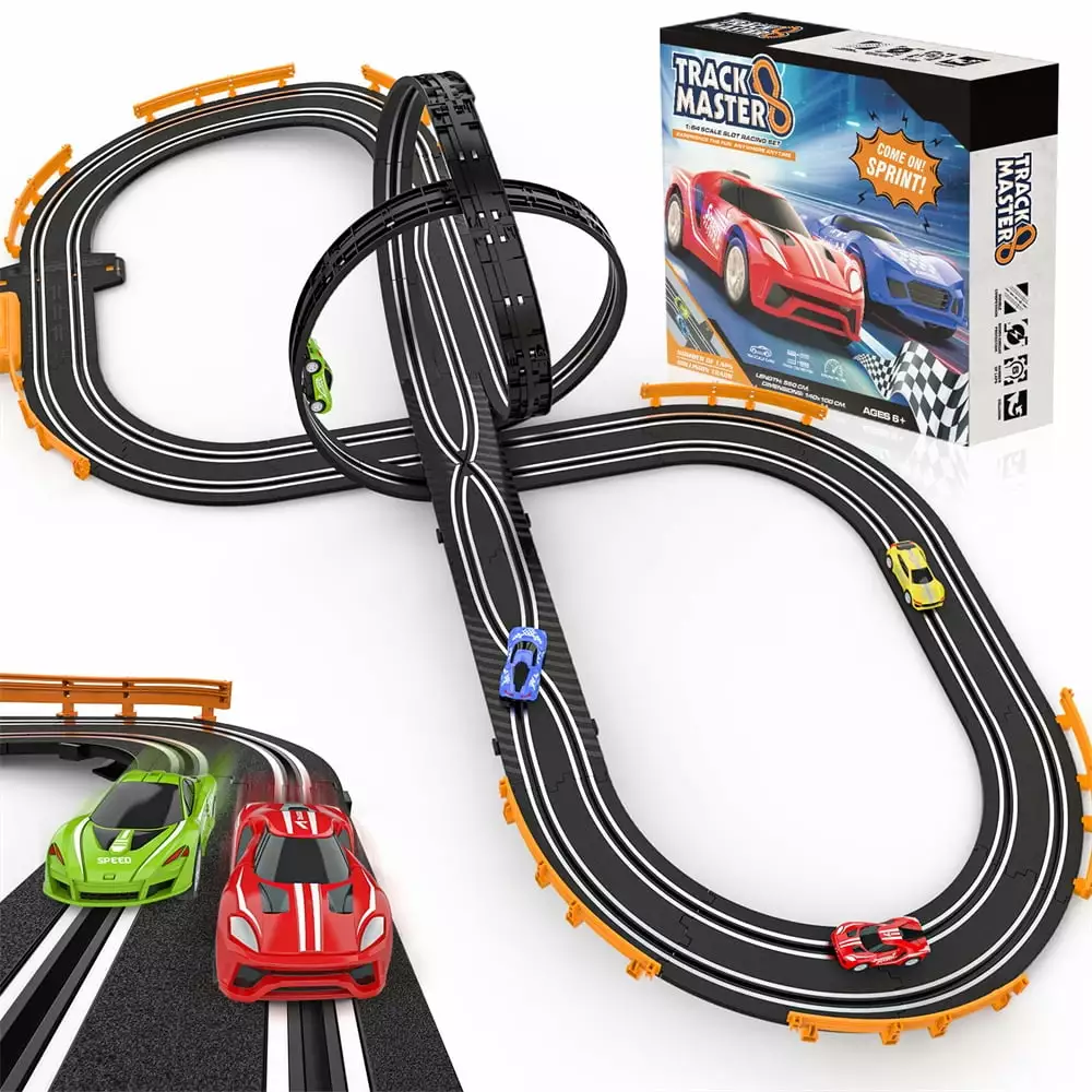 Allaugh Slot Car Race Track Sets for 4-12 Boys Kids. Battery or Electric Race Car Track with 4 High-Speed Slot Cars. Dual Racing Game 2 Hand Controllers