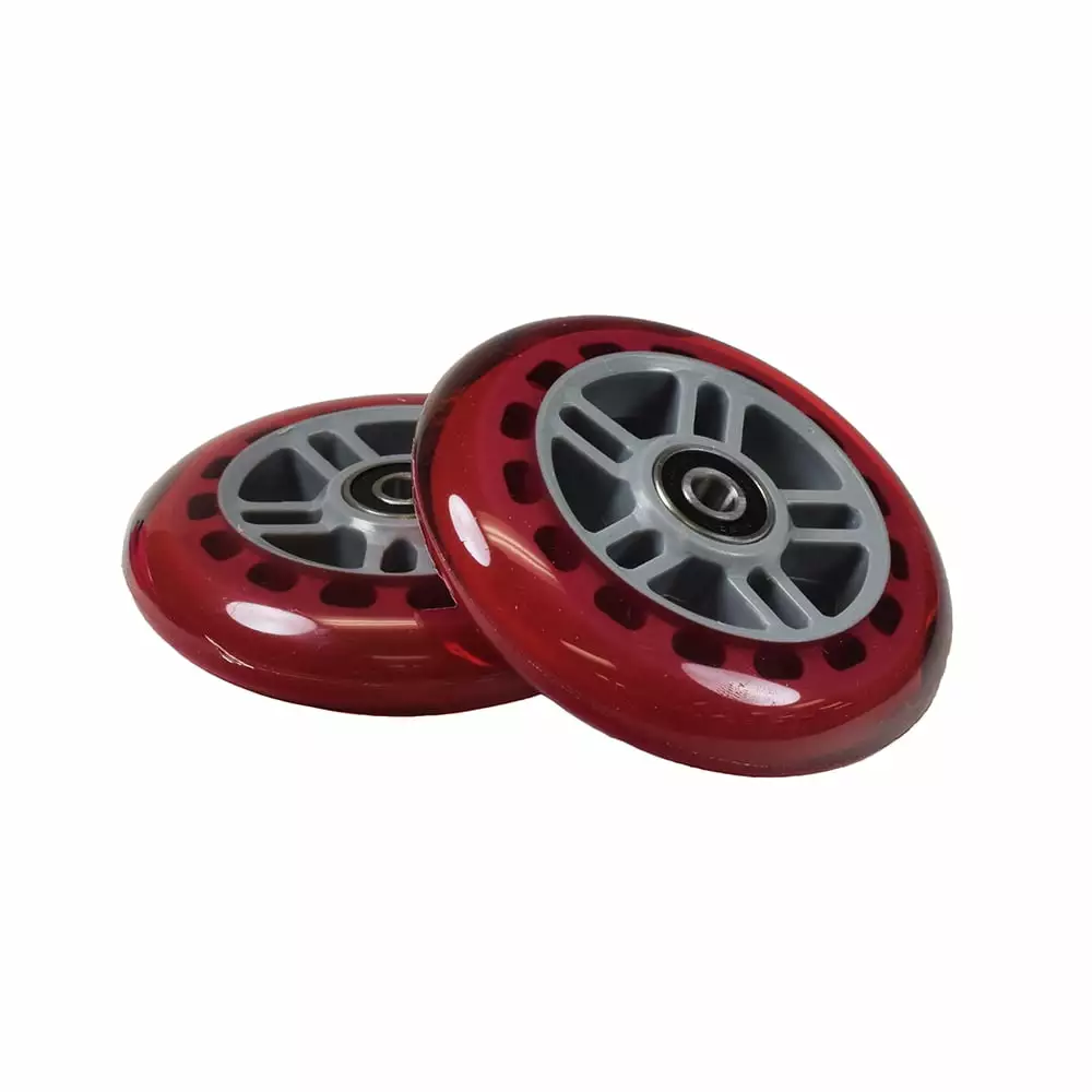 AlveyTech 4 Clear Red Wheels with 5 Spoke Gray Hubs & Bearings. Razor Kick Scooter Parts (Set of 2)