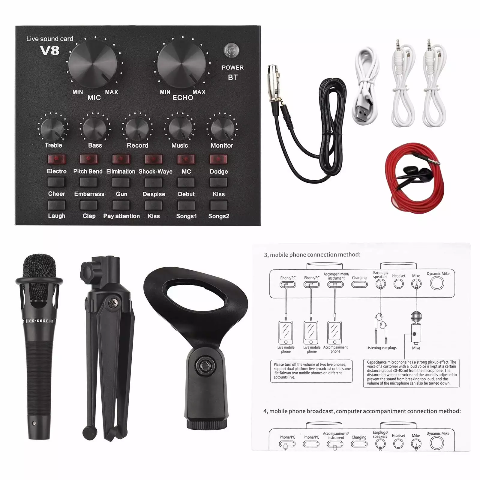 Andoer V8 External Live Sound Microphone Set Sound Mixer Board for Live Streaming Karaoke Singing Recording with 12 Funny Sound Effects Connection for Smartphone Laptop Tablet PC