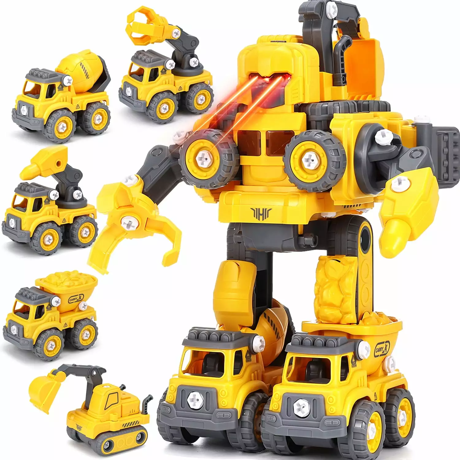 Anpro 5 in 1 Robot Construction Vehicles Set Toy for Toddler. Construction Vehicles Transform Robots Toys with Light for Kids. Assemble Building Trucks DIY Toy for Boys Girl 3 4 5 6 7 Year Gifts