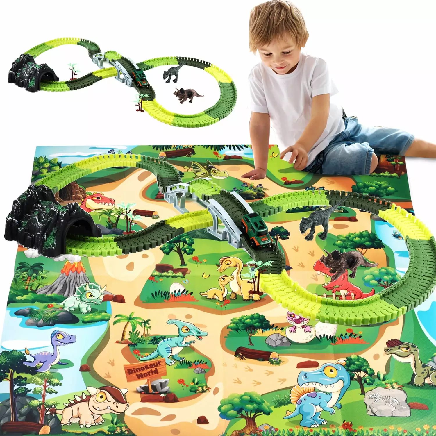 Anpro Dinosaur Toys Race Car Track Set for Kids. 250pcs Race Car Track Set Vehicle Playsets Dinosaur World Road Toys Flexible Track Playset for Boys Age 3+ Best Christmas Gift