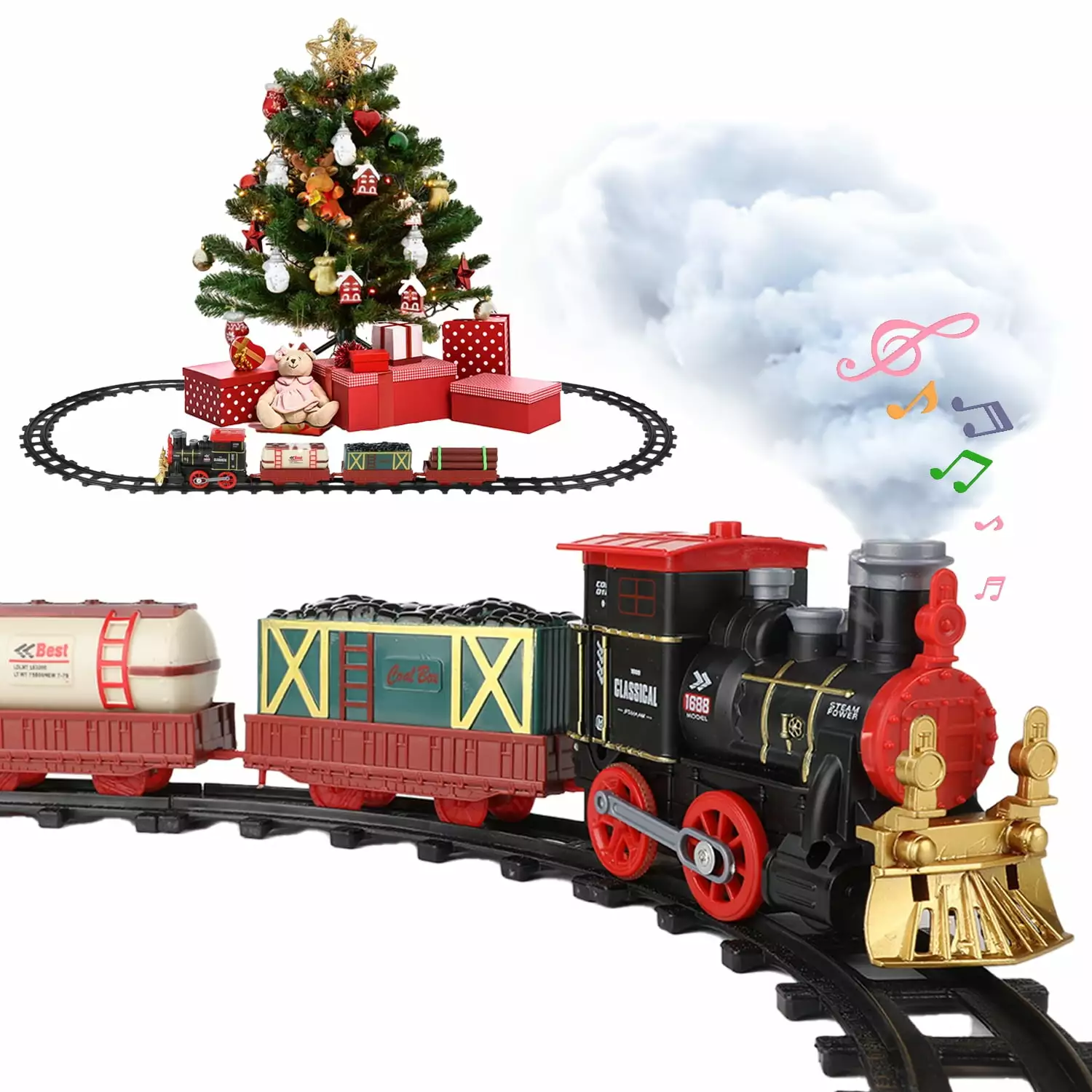 Anpro Electric Train Set for Kids. Train Toy with Steam Locomotive. Cargo Car and Long Track. Model Railway Steam Train Toy with Smokes. Lights & Sound for Boys & Girls 4-10+ Years Birthday Gifts