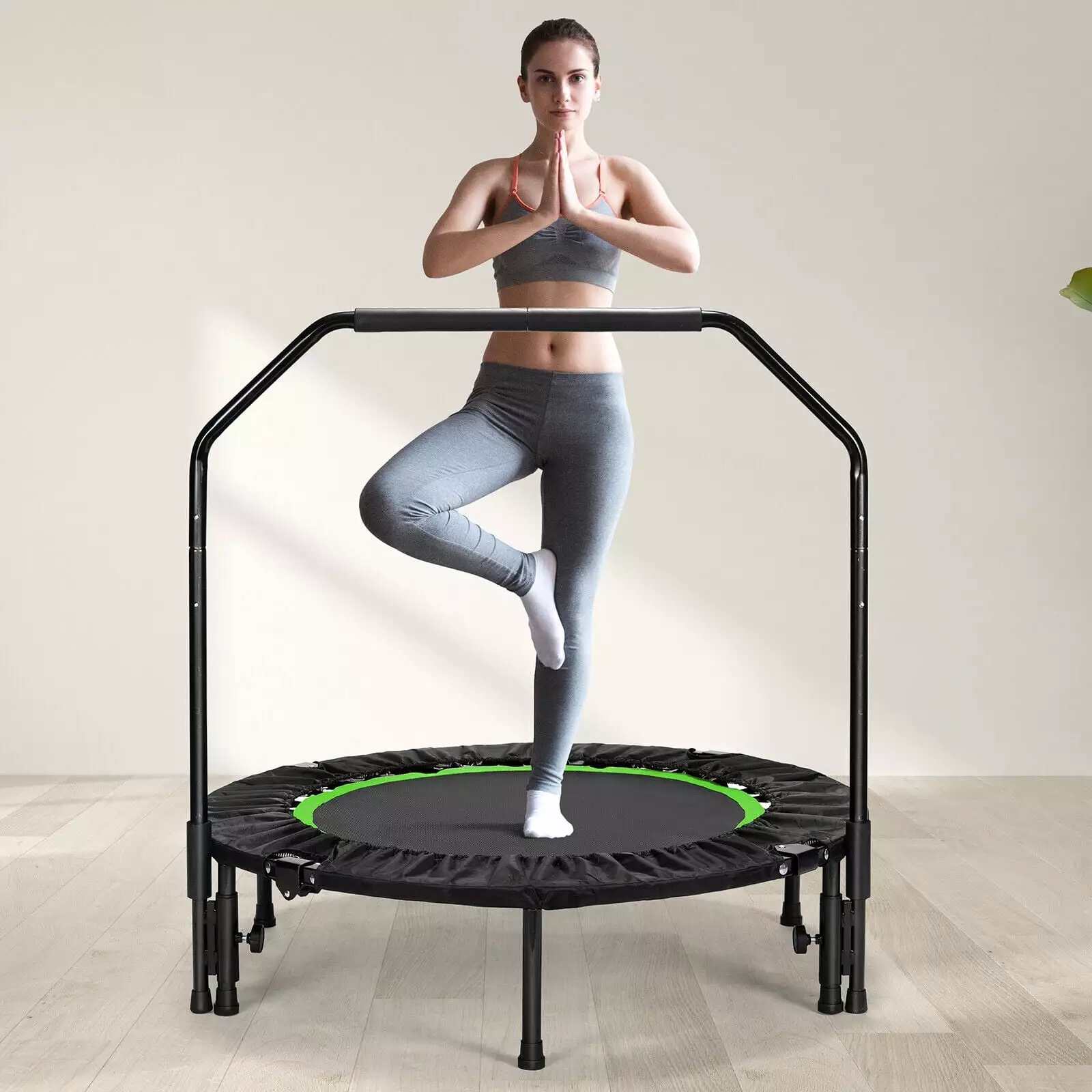 Arlopu 40'' Foldable Mini Trampoline for Adults. Fitness Rebounder Exercise Trampoline with Adjustable Handle. Max Load 330lbs