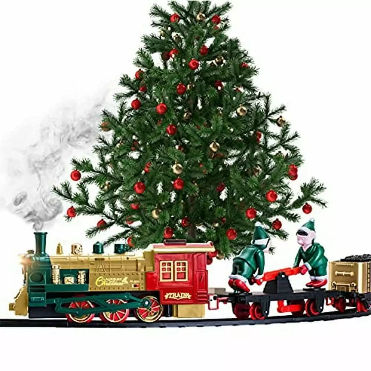 Atlasonix Christmas Train Set for Under the Tree with Lights. and Sounds - Holiday Train Around Christmas Tree w/Large Tracks | Electric Train Set with 160 inches of Track and 2 Xmas Elves