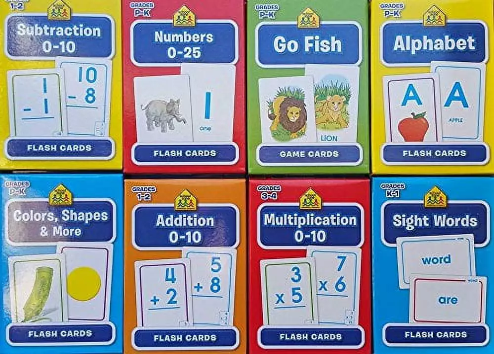 B-THERE Bundle of 8 School Zone Flash Cards. Pre-K - 4th Grade. Sight Words. Subtraction. Multiplication. Go Fish. Addition. Numbers. Colors & Shapes and Alphabet