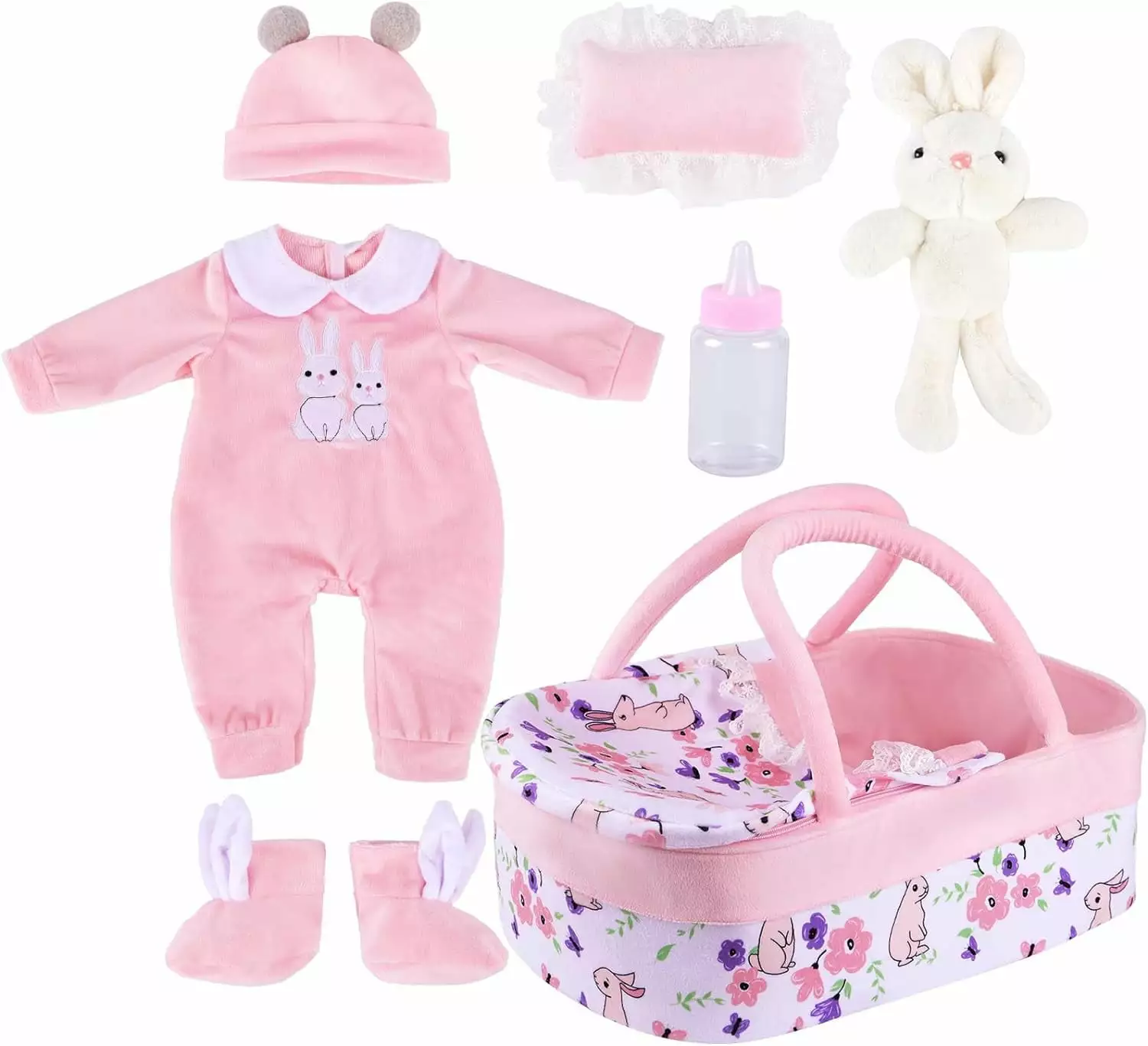 BABESIDE 8 Pcs Reborn Baby Doll Clothes with Bassinet for 17-22 Inch Baby Dolls. Baby Doll Clothes Outfit Accessories fit Newborn Baby Doll Girl