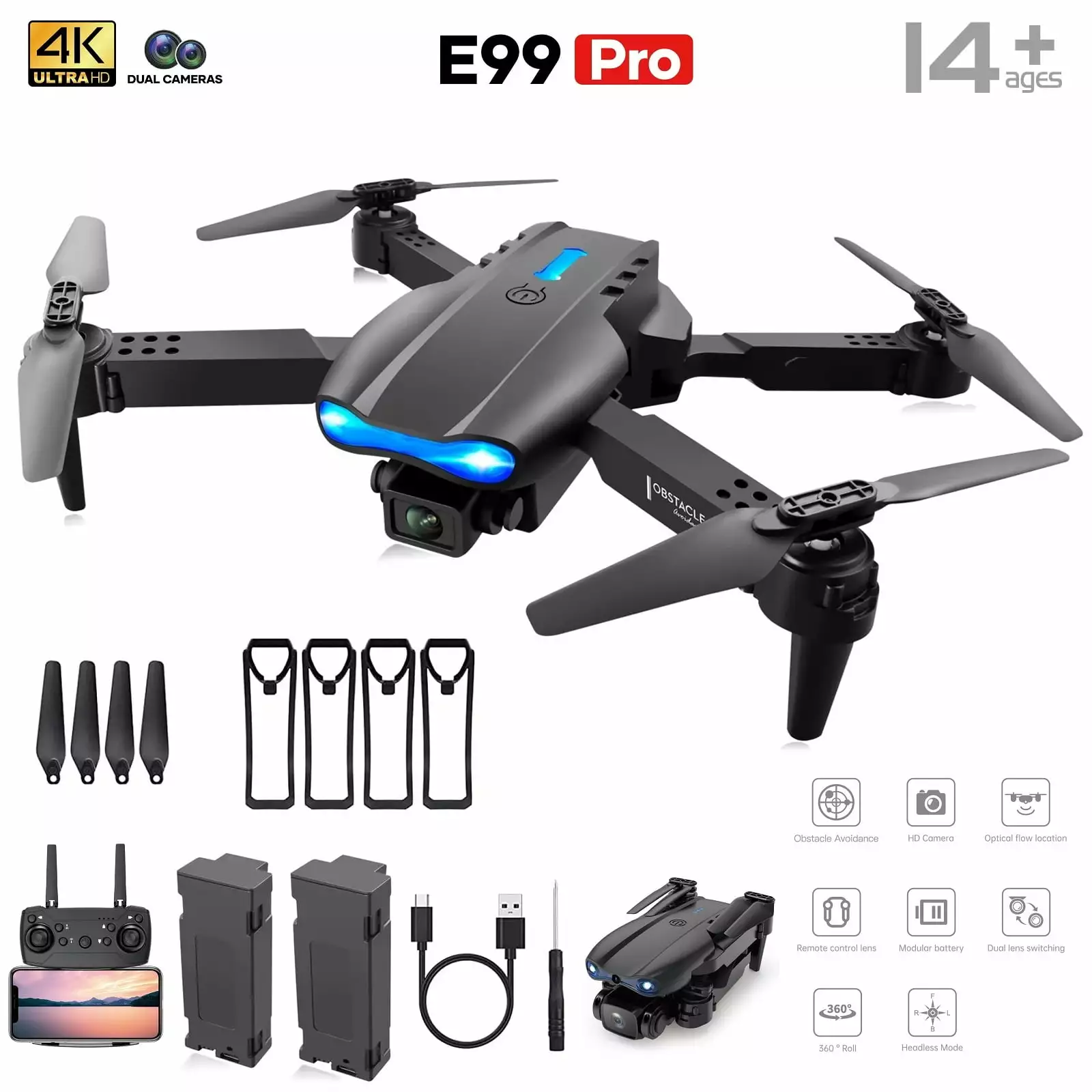 BEEPRINCESS Drone with 4K HD Dual Camera for Adults Kids. RC Quadcopter with 2 Modular 1800mAh Batteries for 30 Mins Long Flight