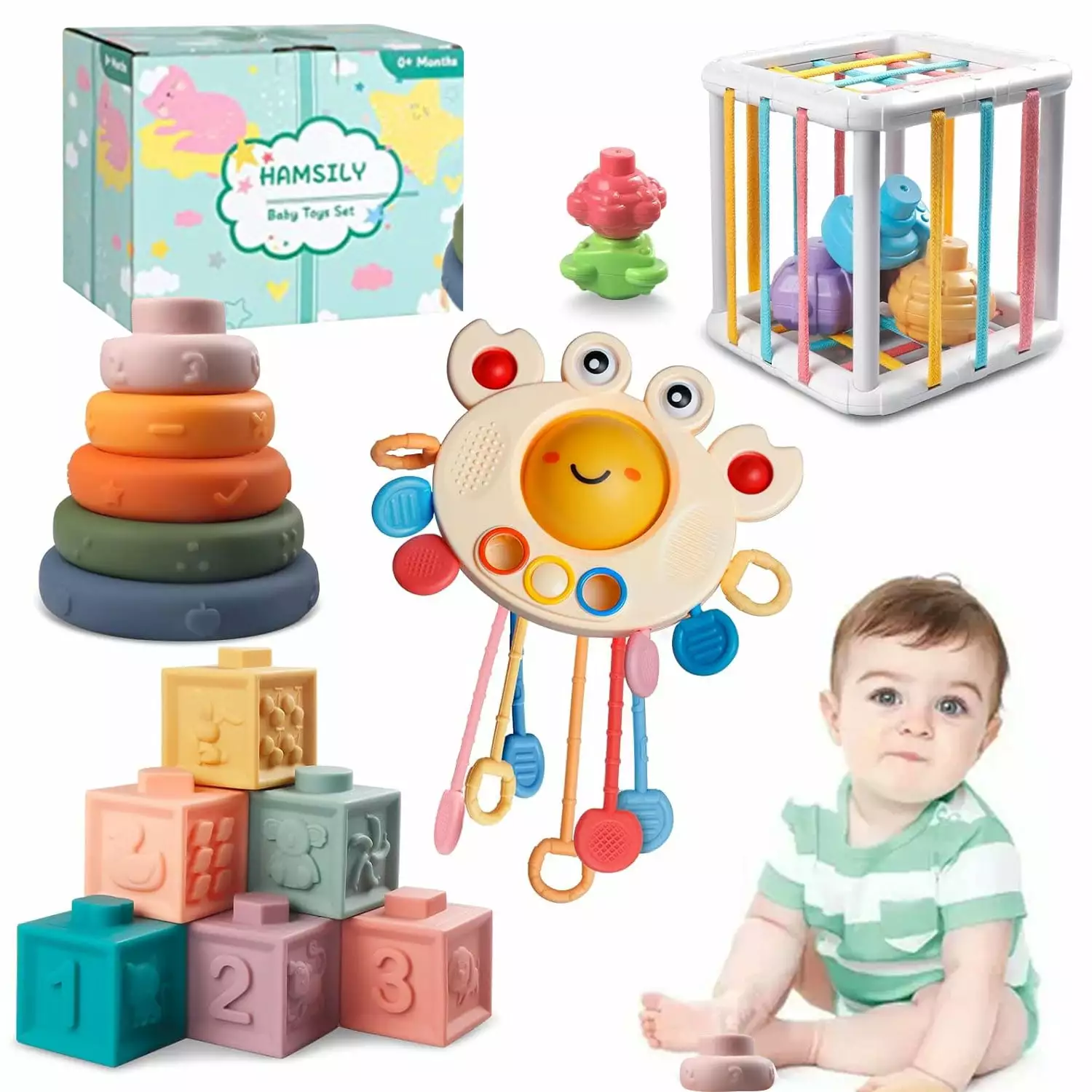 Baby Learning Toys for Ages 6-18 Months - 4in1 Toddler Toys Pull String Teether. Stacking Blocks. Sensory Shapes & Storage Bin. Montessori Toys for Babies Birthday Gift Toy Set